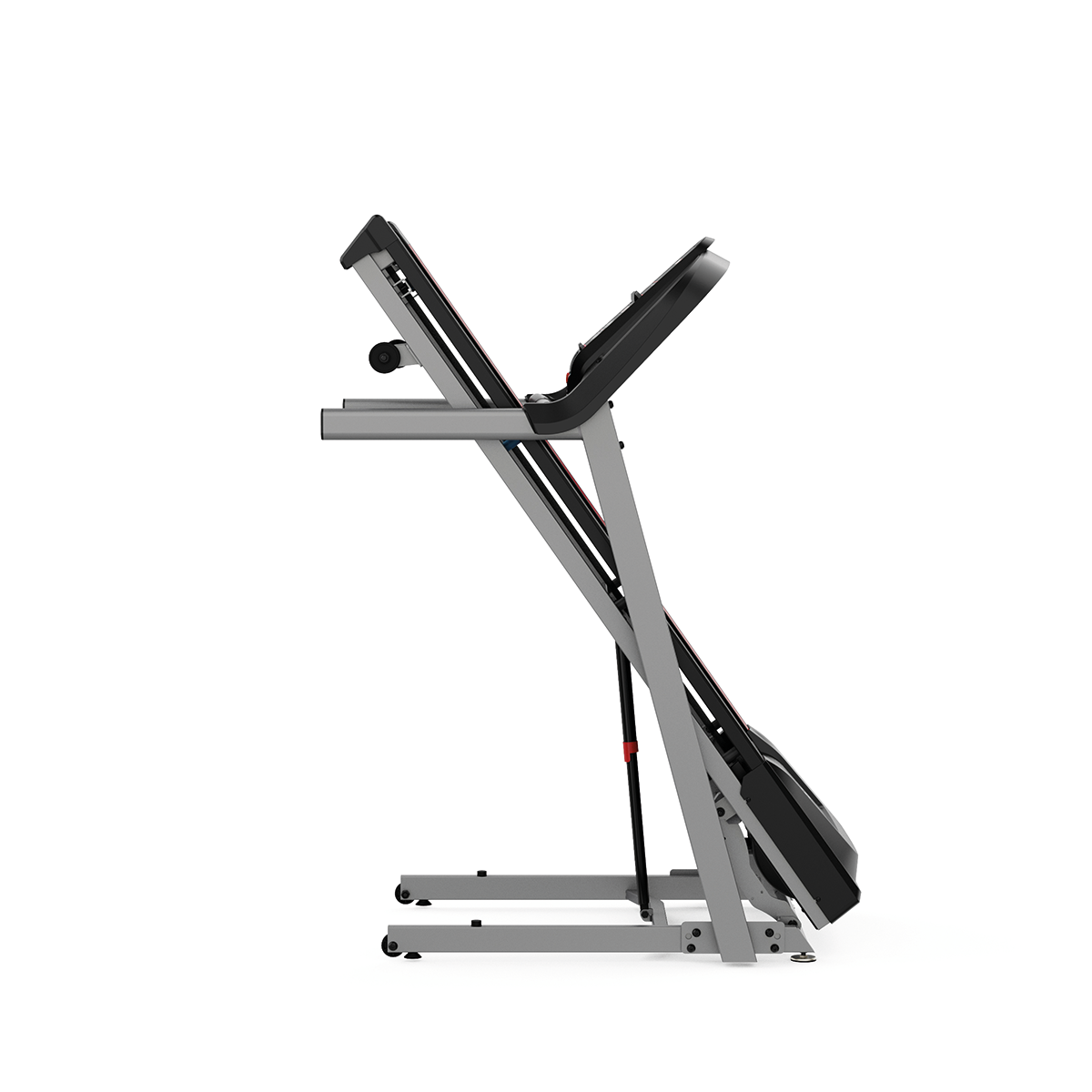 A gray treadmill is tilted up, showing the running surface and control panel. The frame is gray, with black and red accents.