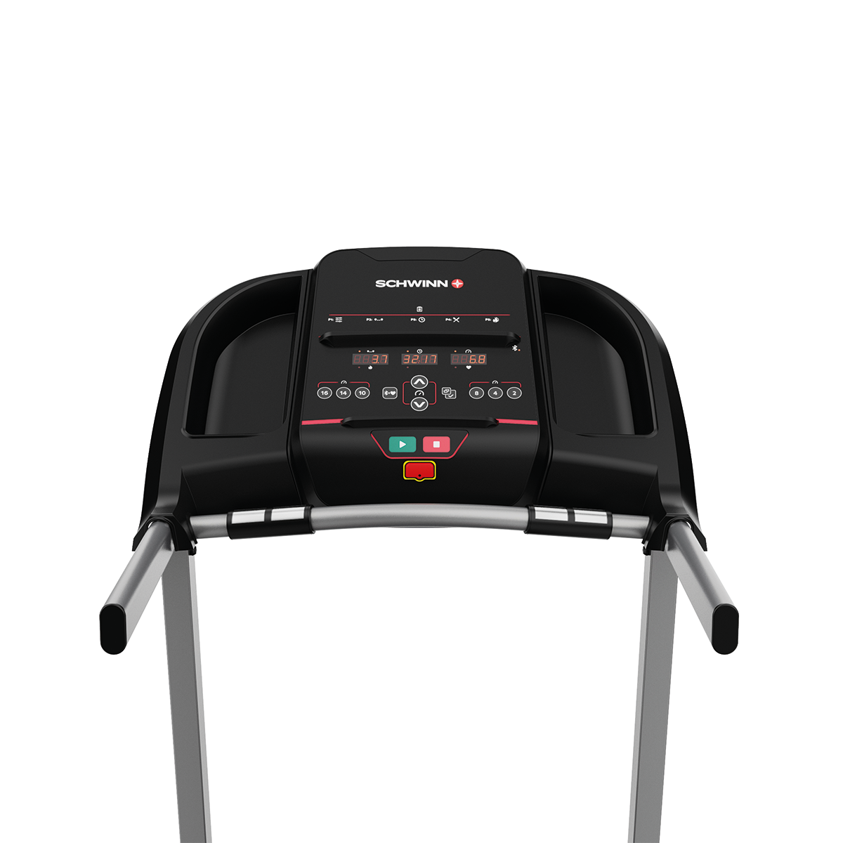 A black Schwinn treadmill with a digital display. The display shows numbers, buttons, and a red and green start/stop button.