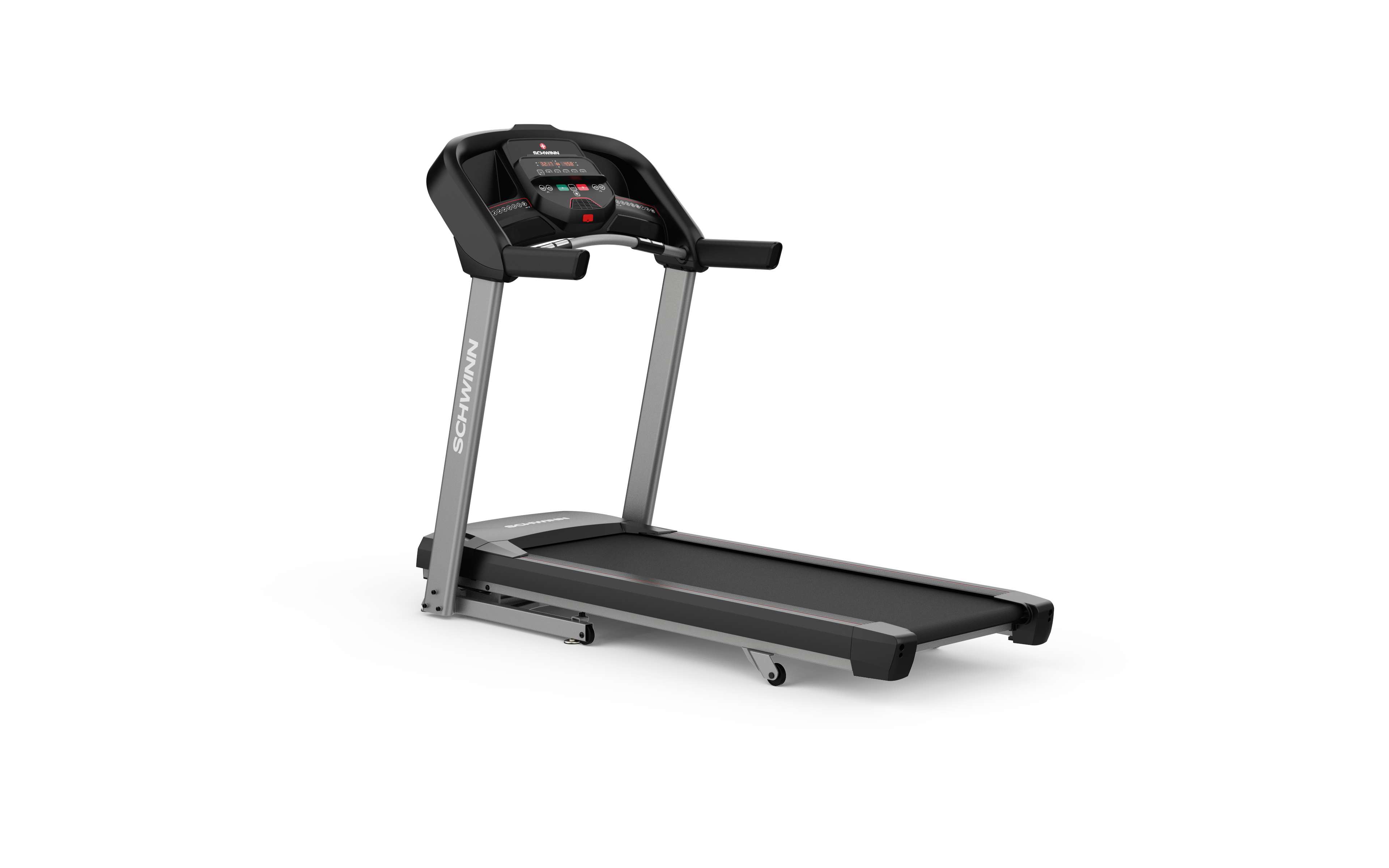 A Schwinn treadmill on a white background. It has a black running belt and console, and gray supports.