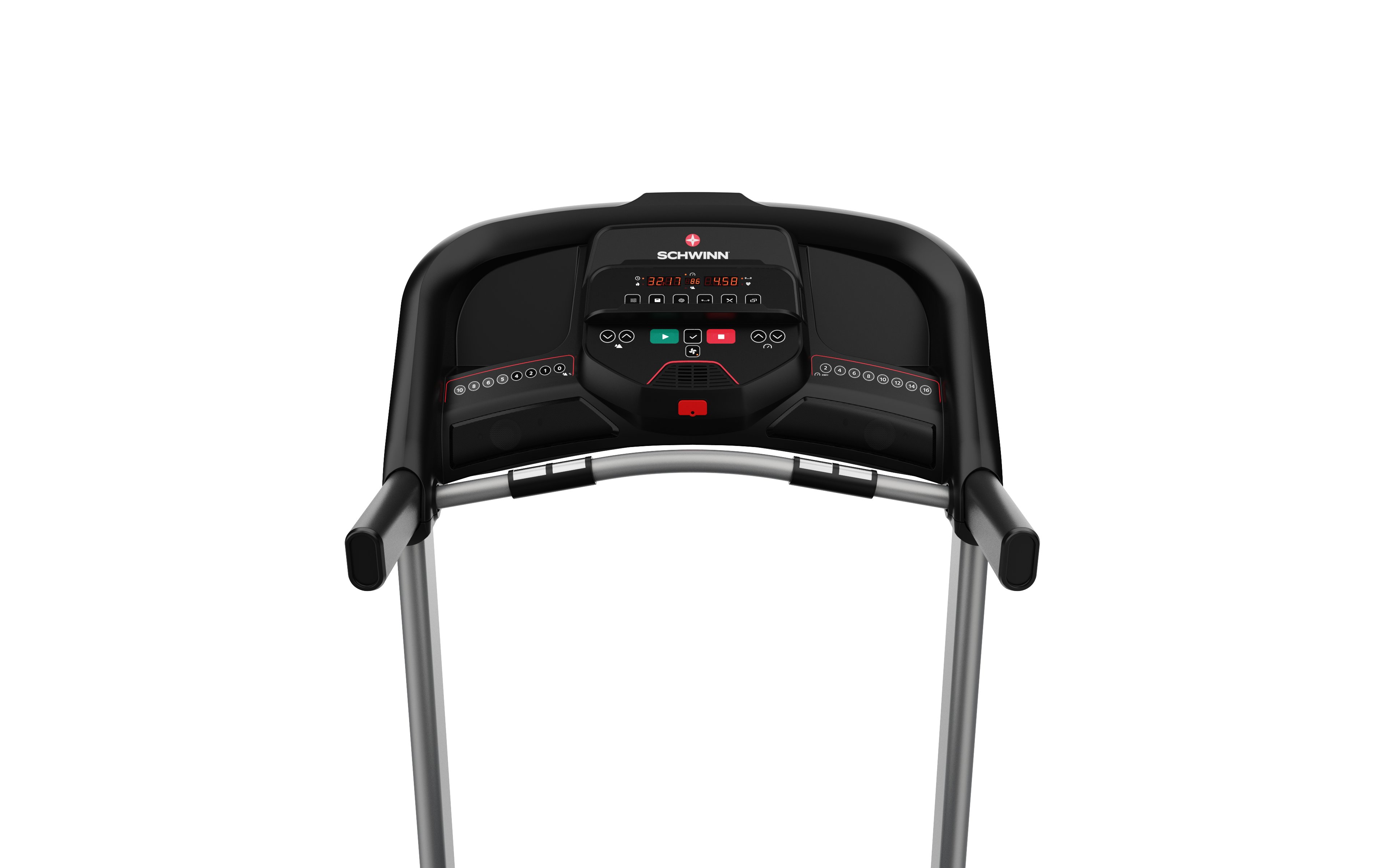 A treadmill with a black console displaying time and speed. Silver handles and a black frame. The brand is Schwinn.