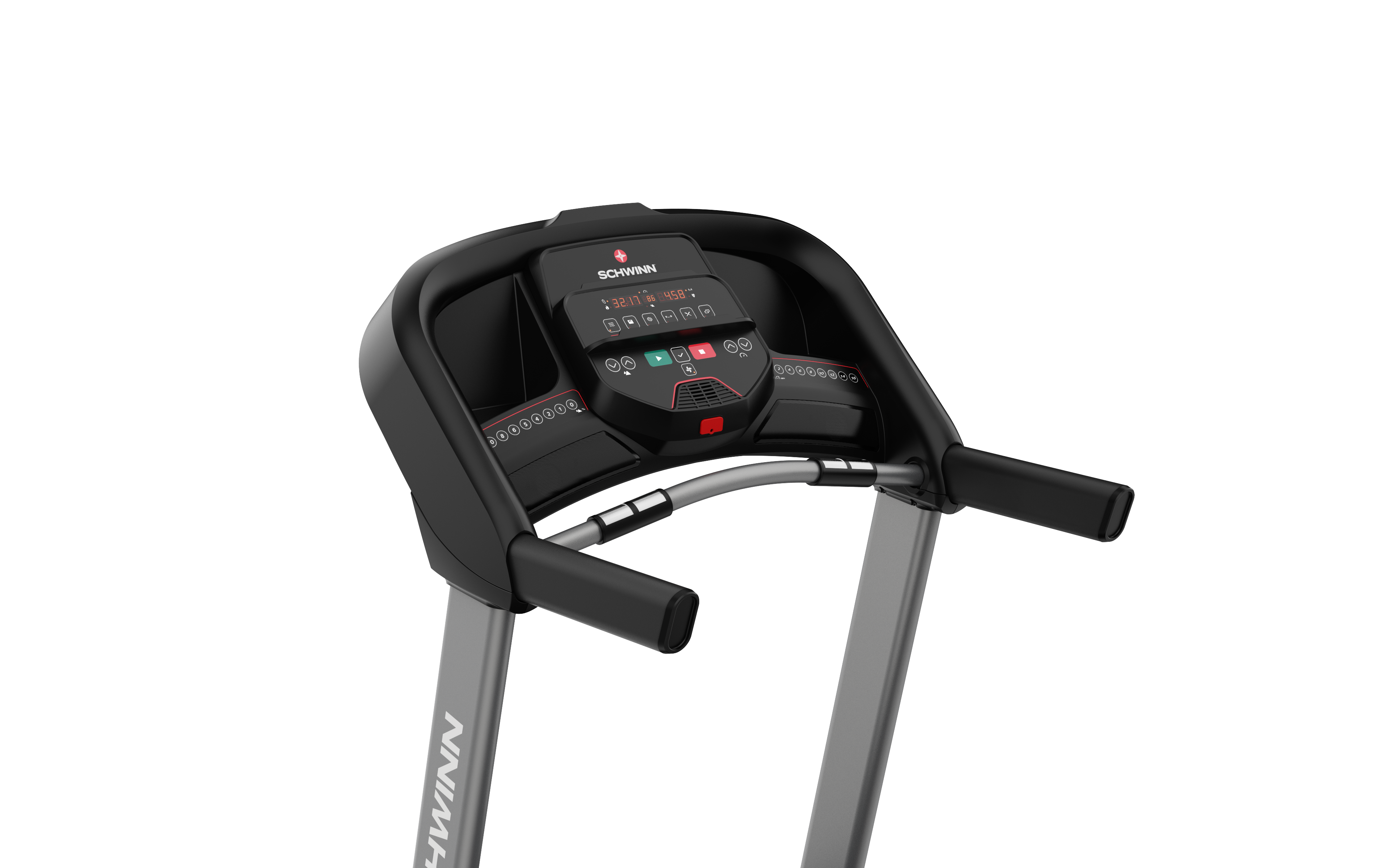 A Schwinn treadmill's console is black, with a display showing speed and time. It has buttons and handrails.