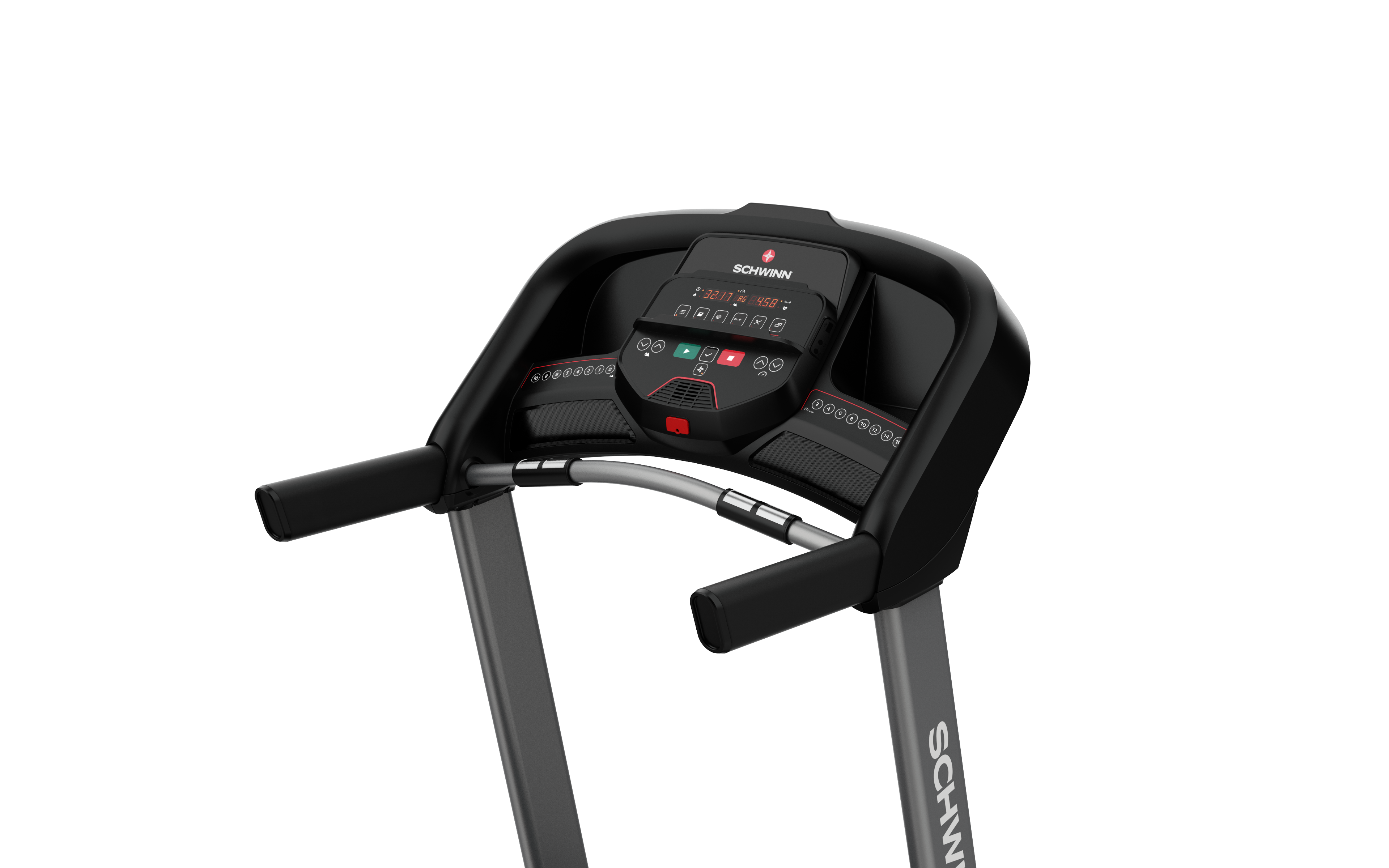 A Schwinn treadmill's console is visible, displaying workout metrics. Black handles and frame, with the brand name on the side.