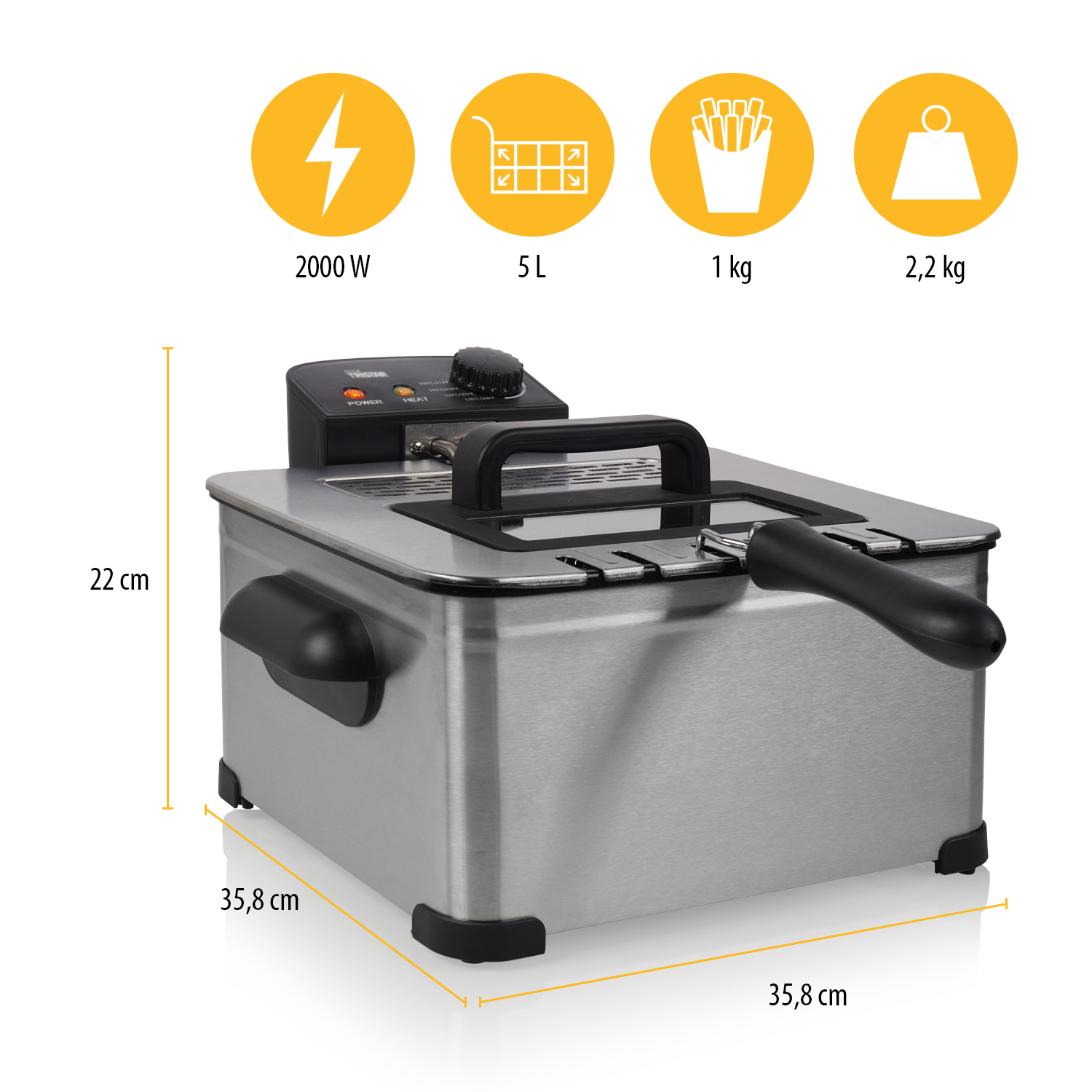 Una freidora de acero inoxidable con mango y controles negros. Círculos amarillos muestran información de potencia, capacidad y peso.