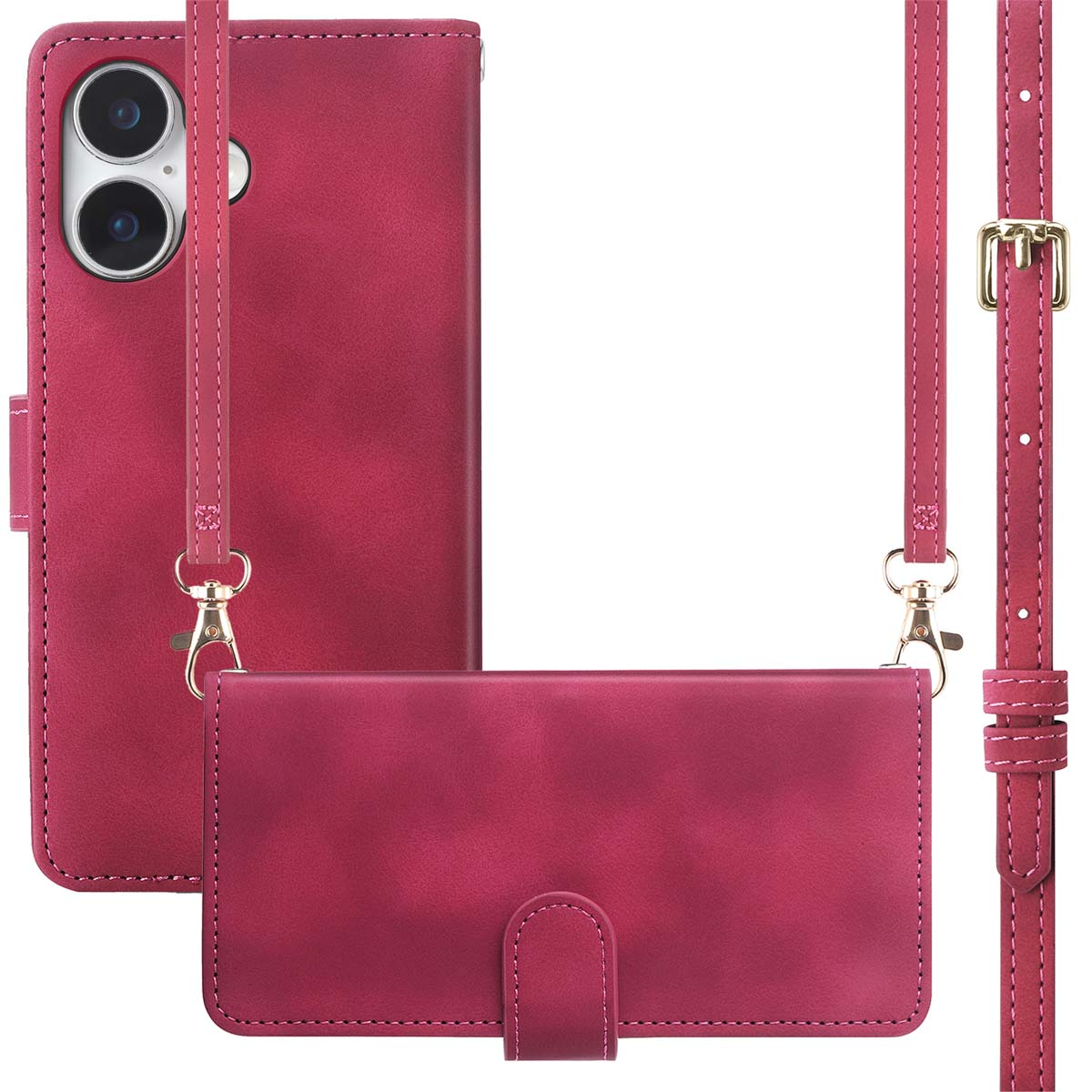 Un étui de téléphone cramoisi avec un portefeuille et une sangle. L'étui a une découpe pour l'appareil photo et une fermeture. Il est sur fond blanc.