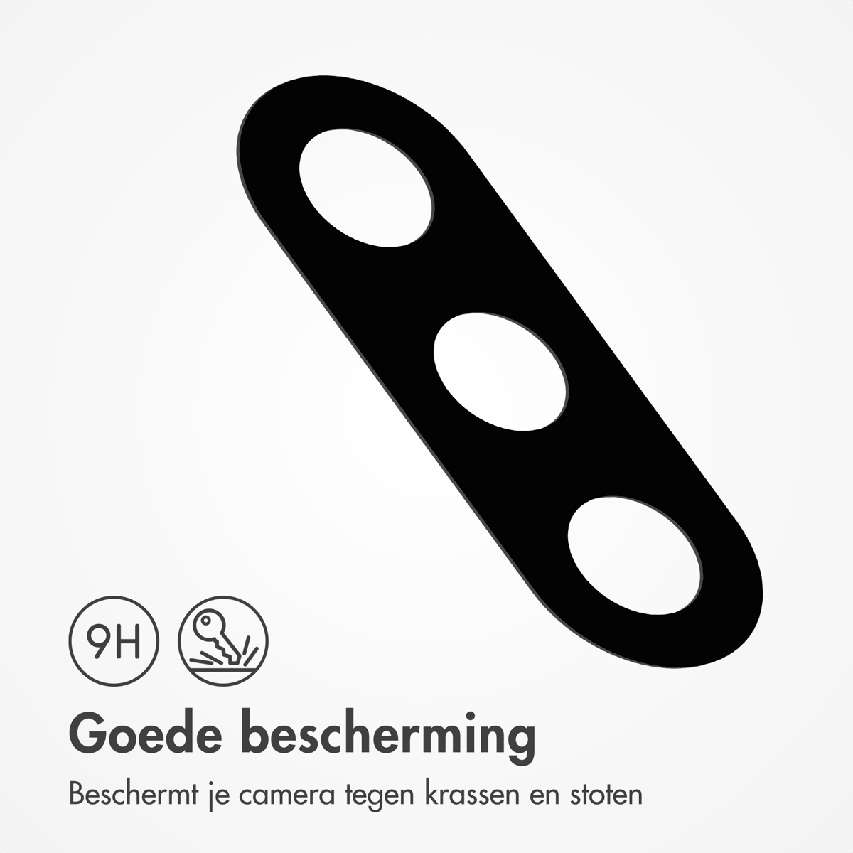 Zwarte cameralensbeschermer met drie gaten. Tekst eronder: 'Goede bescherming', beschermt tegen krassen en stoten.