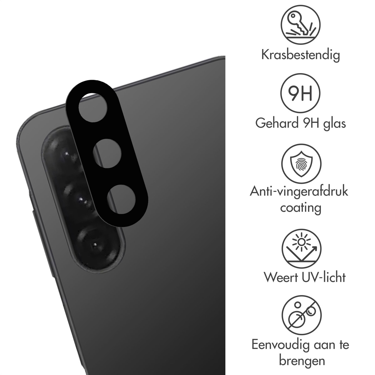 Close-up van een zwarte telefoon met een cameralensbeschermer. Tekst omvat: krasbestendig, 9H glas, anti-vingerafdrukcoating en UV-bescherming.
