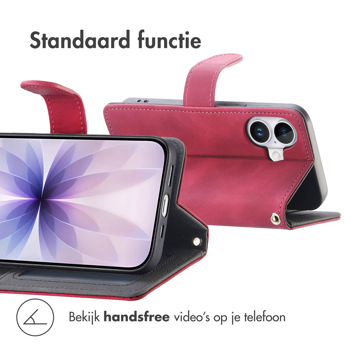 Un étui de téléphone rouge avec un téléphone à l'intérieur. Le téléphone affiche un fond d'écran floral. L'étui est ouvert, plié.