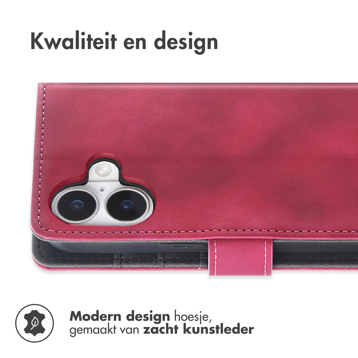 Gros plan sur un étui de téléphone rouge avec des découpes pour l'appareil photo et une sangle. Texte : 'Kwaliteit en design' et 'Modern design hoesje, gemaakt van zacht kunstleder'.