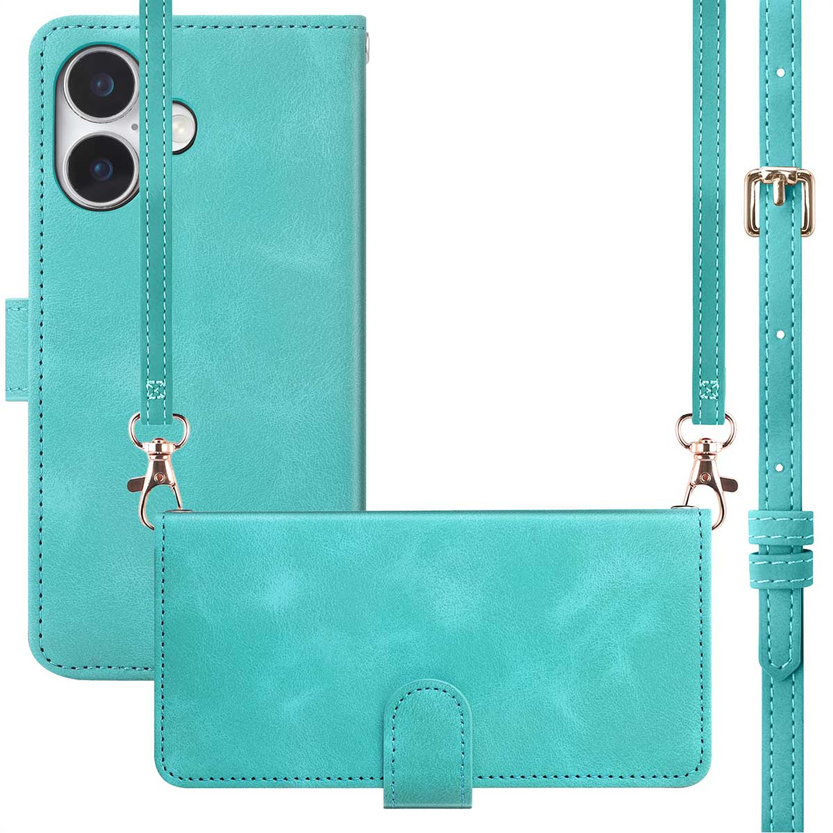 Een teal leren telefoonhoesje met een afneembare riem. Inclusief een portemonnee-ontwerp en goudkleurige hardware.