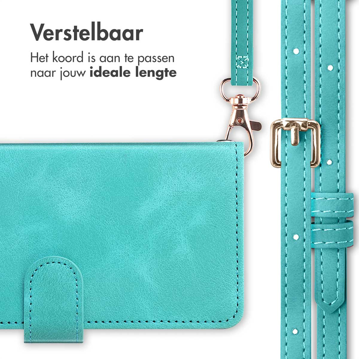 Een turquoise telefoonhoesje met een bandje. Het heeft een gouden sluiting en gesp. De tekst 'Verstelbaar' staat bovenaan.