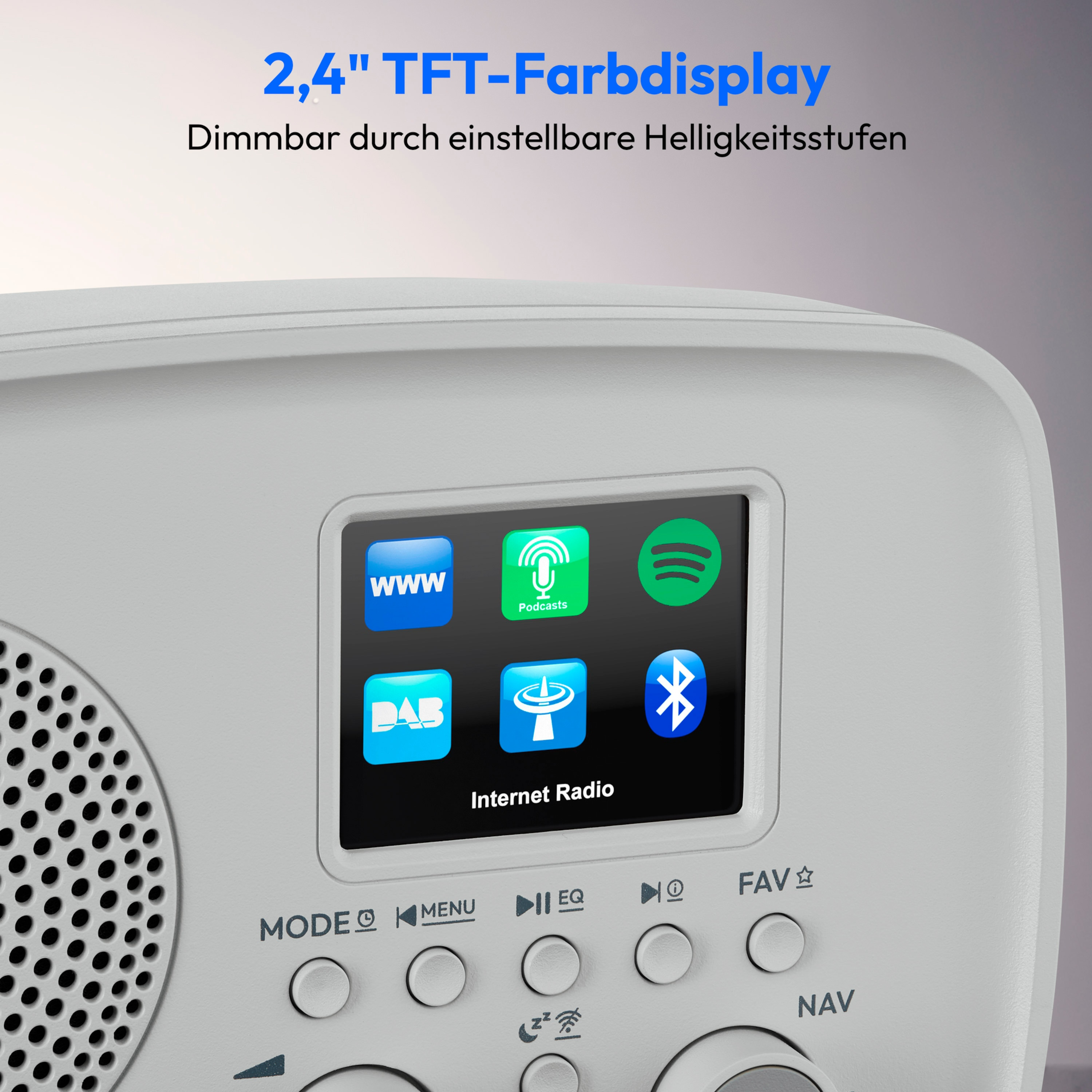 A close-up of a white radio with a screen displaying app icons. Buttons are below the screen.