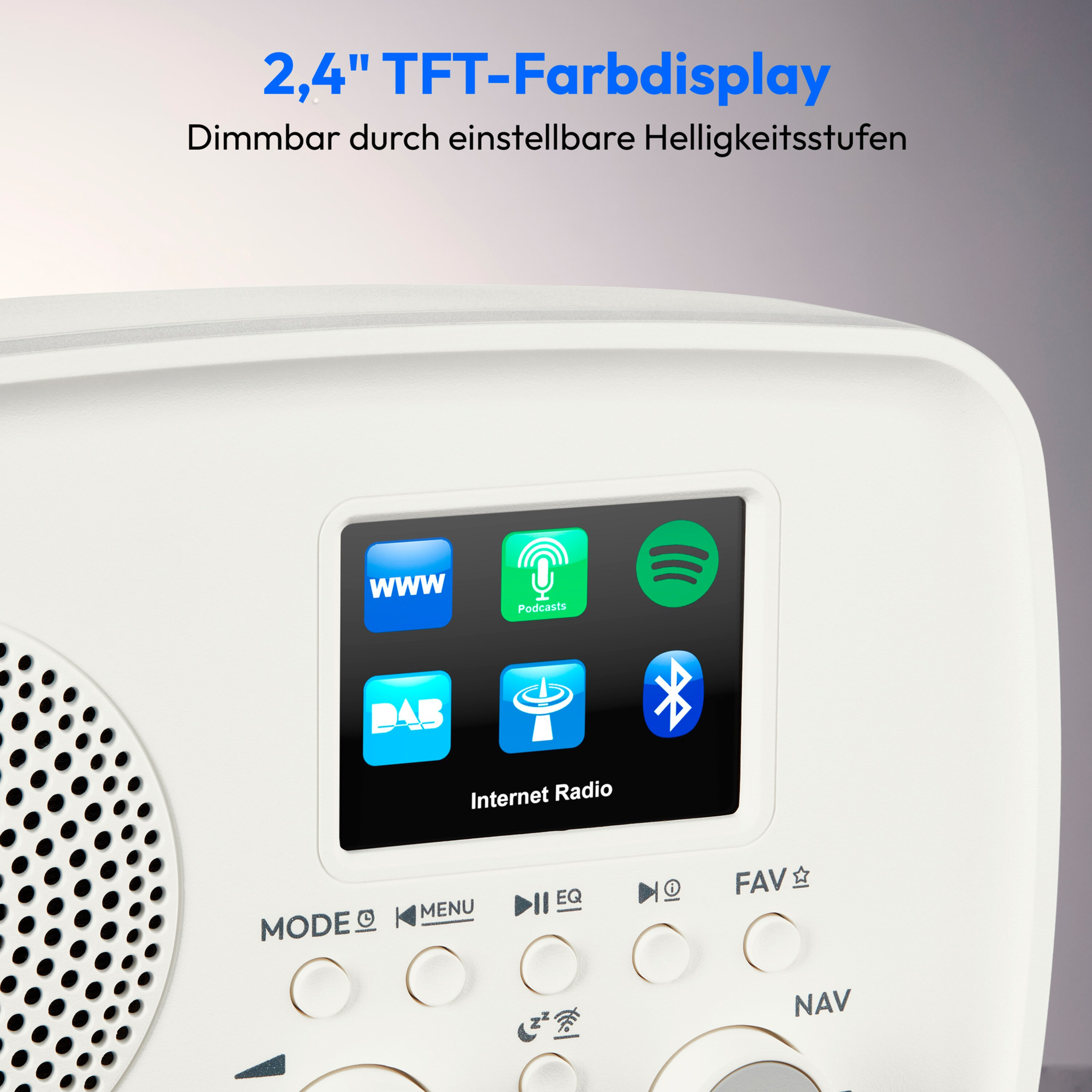 White radio with screen showing app icons. Has buttons for mode, menu, and navigation. Top text: 2.4" TFT display.