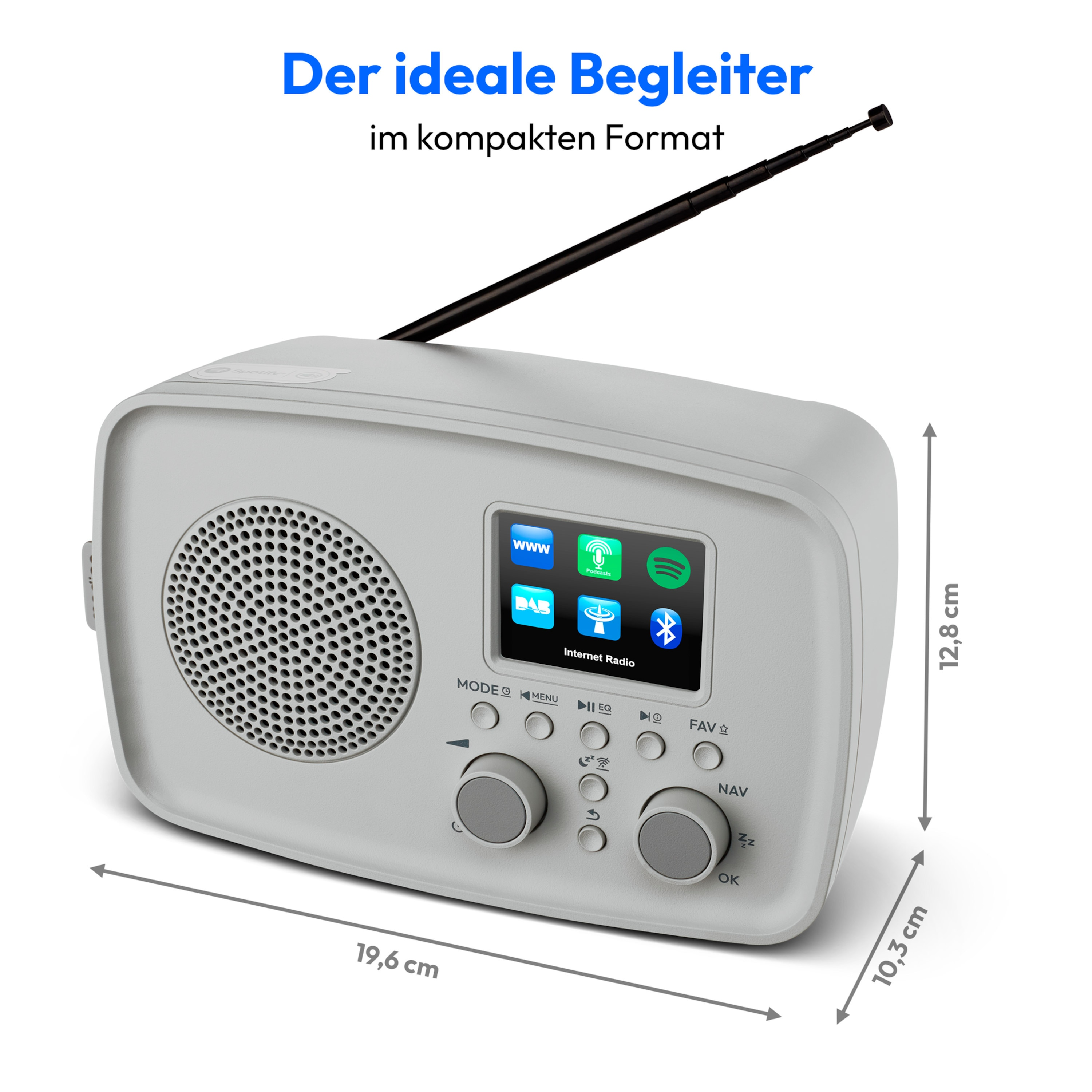 A gray radio with a screen displaying icons. It has dials, buttons, and a black antenna. Dimensions are shown.