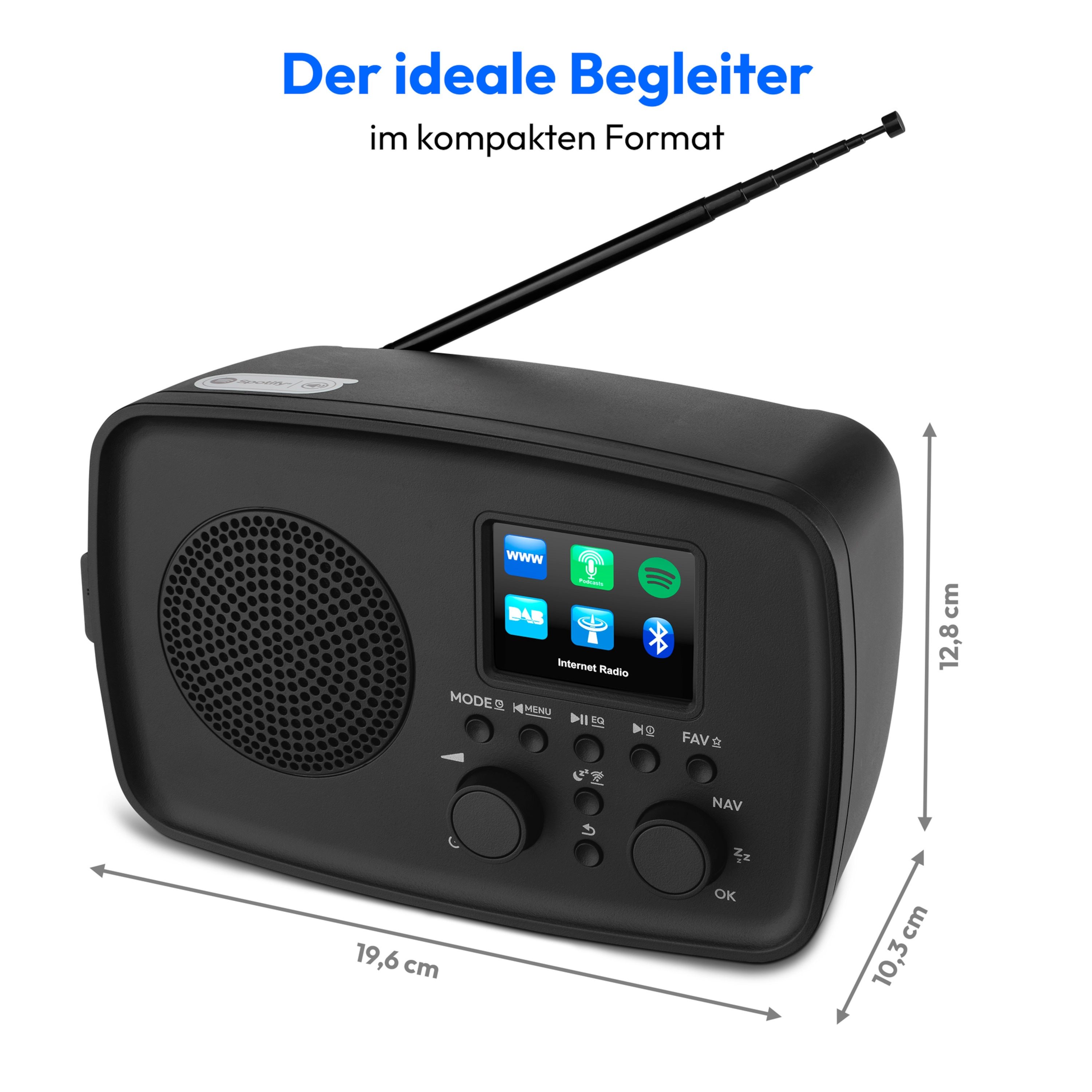 Schwarzes Internetradio mit Antenne, Bildschirm, Knöpfen und beschrifteten Abmessungen. Weißer Hintergrund.