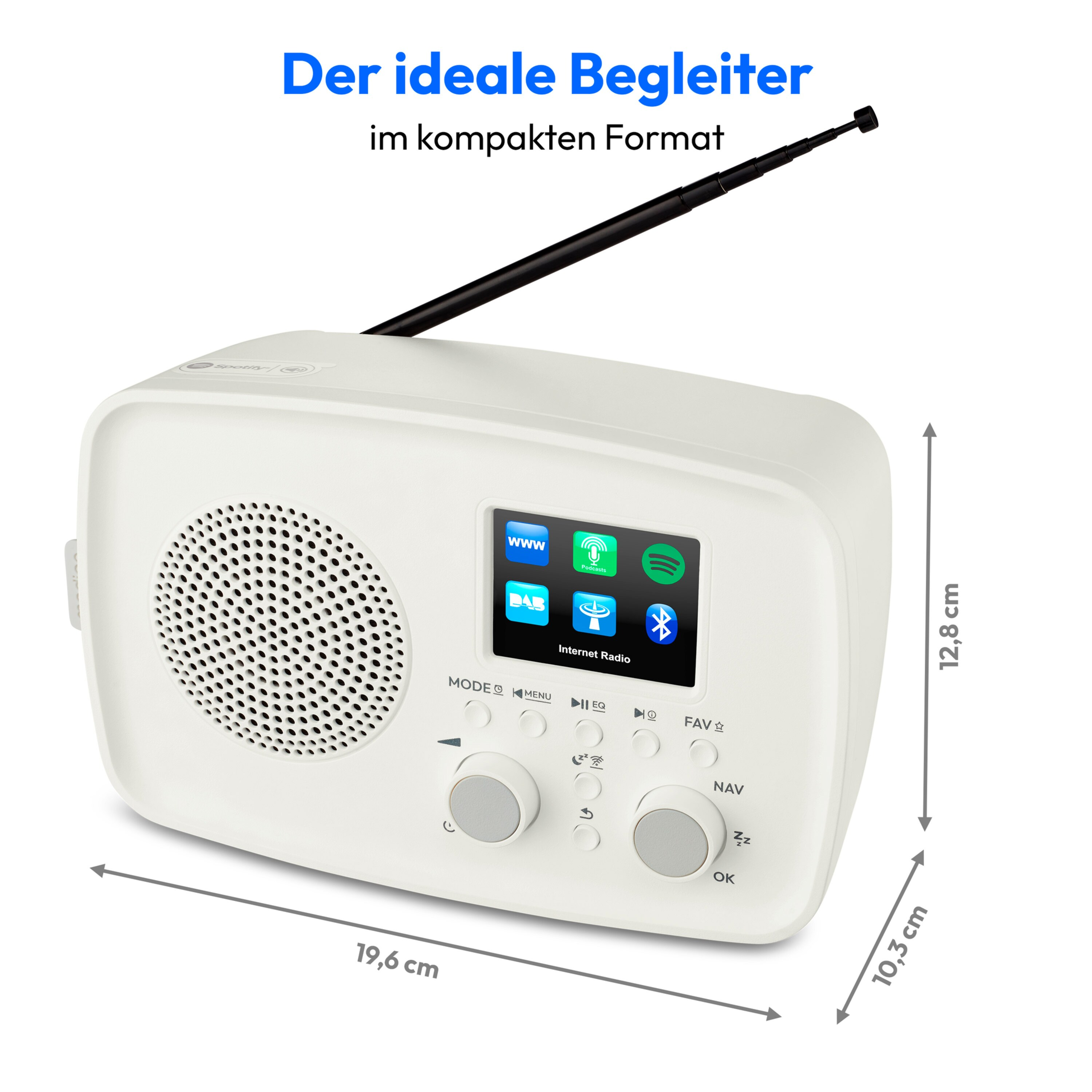 White internet radio with a screen and buttons, antenna extended. Dimensions are shown: 19.6x12.8x10.3cm.
