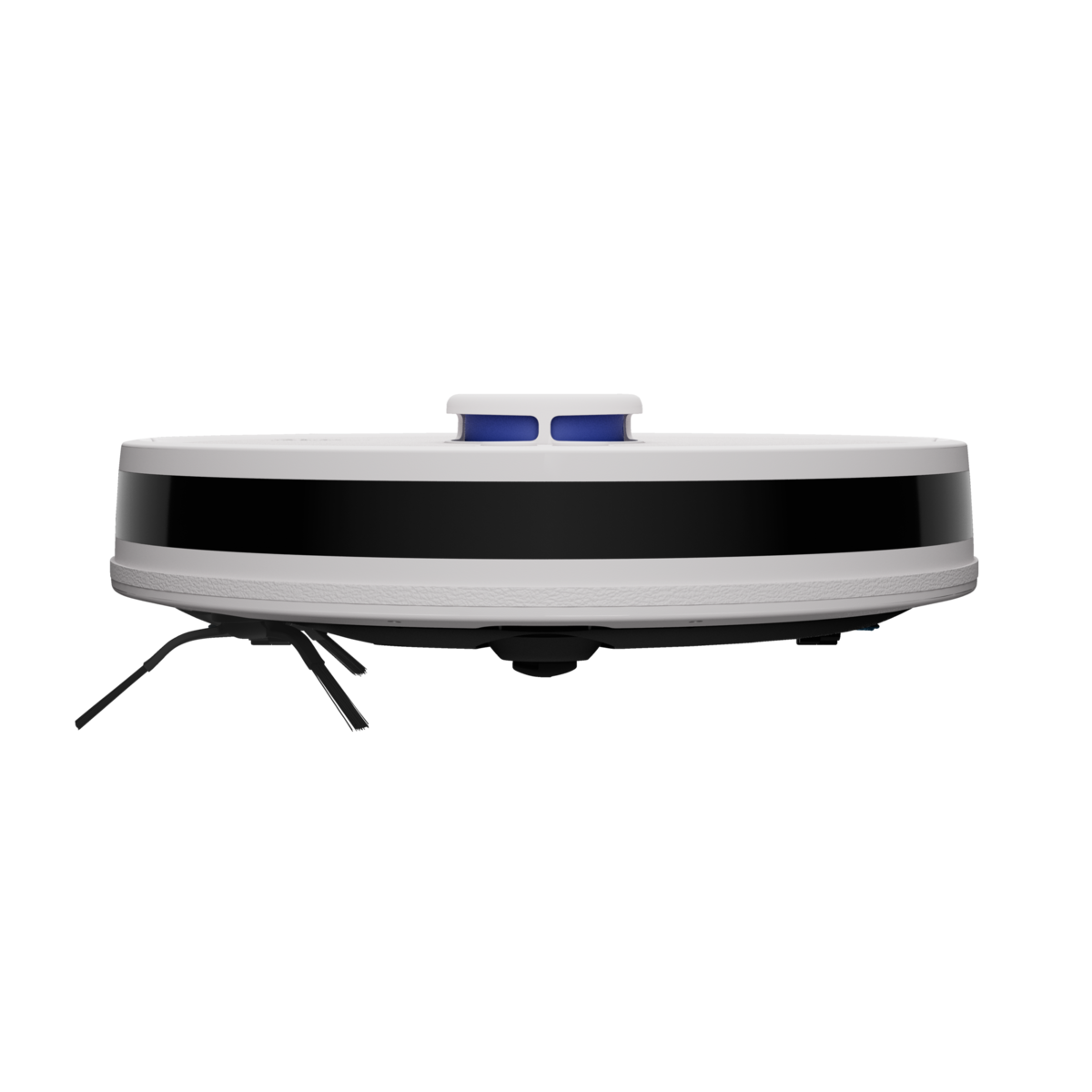 Una aspiradora robot blanca y negra está centrada sobre un fondo negro. Tiene una parte superior azul y cepillos de limpieza.