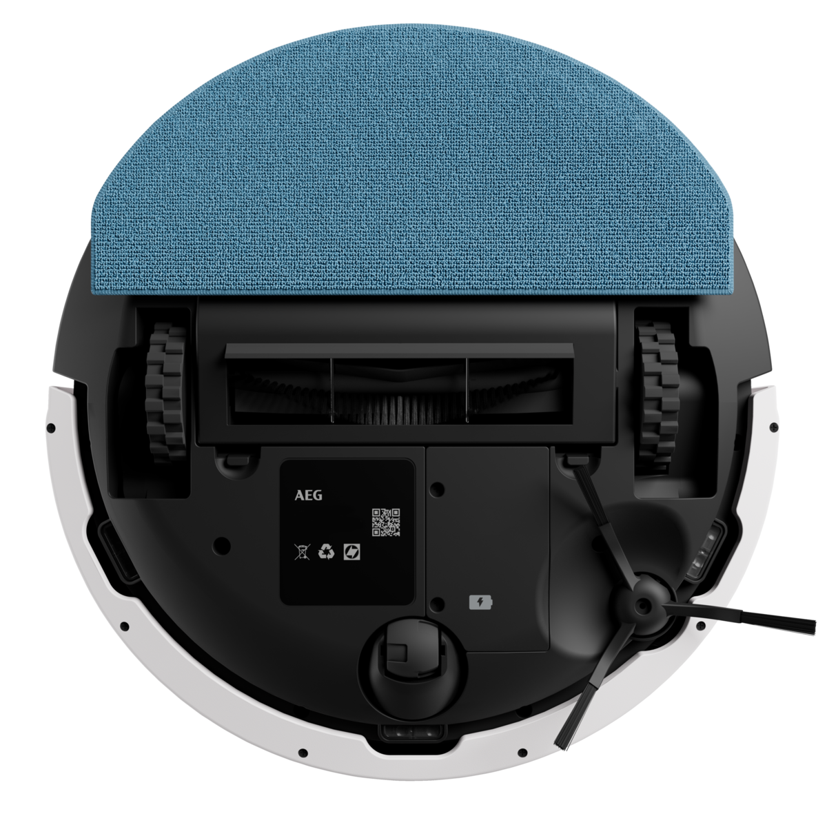 Robot aspirador, negro y blanco, con paño de microfibra azul. Muestra ruedas, cepillos y el logo AEG.