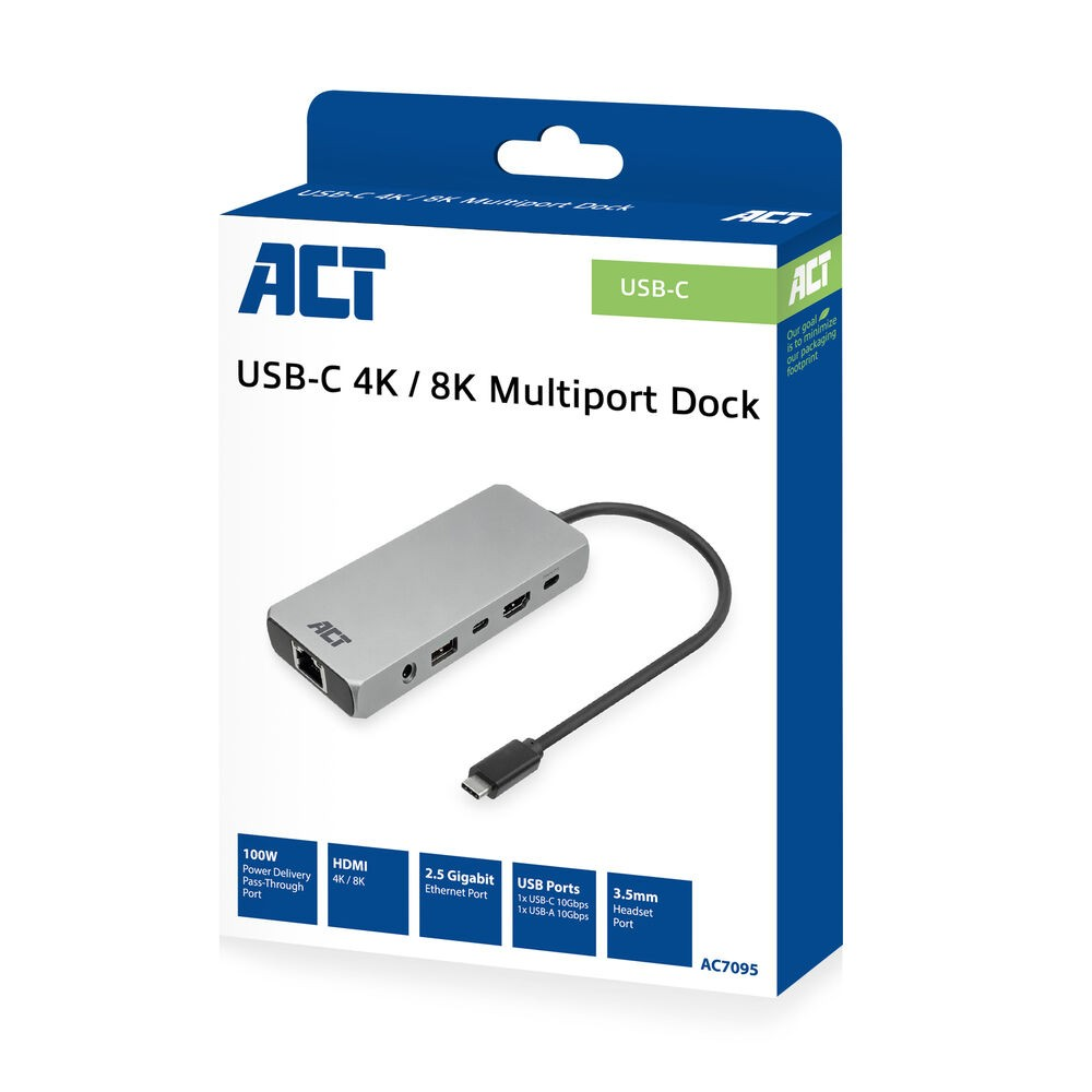 Un dock multiport USB-C 4K/8K dans une boîte. Il possède plusieurs ports et est argenté. La boîte est bleue et blanche.