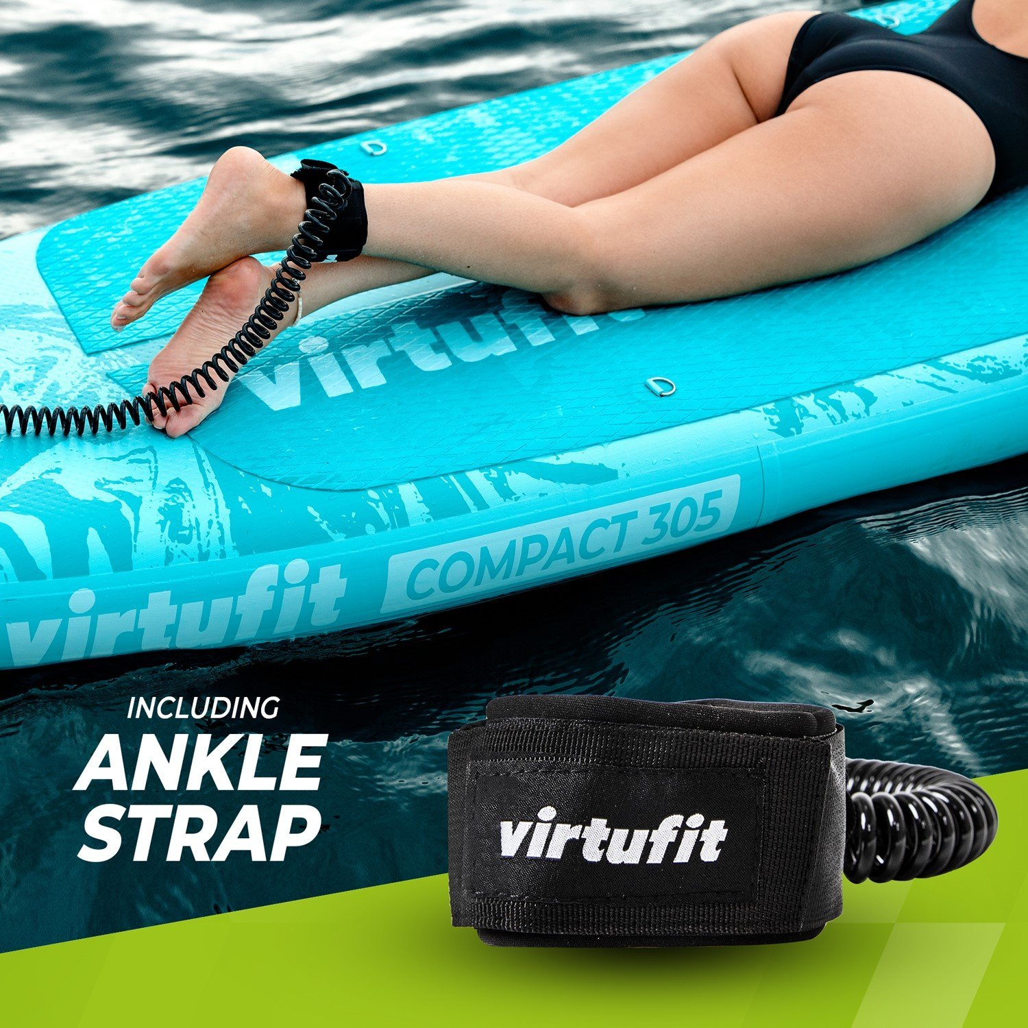 Eine Person liegt auf einem blauen Paddleboard mit Fußfessel. Der Hintergrund zeigt Wasser. Der Riemen ist schwarz mit dem Markennamen 'virtufit'.