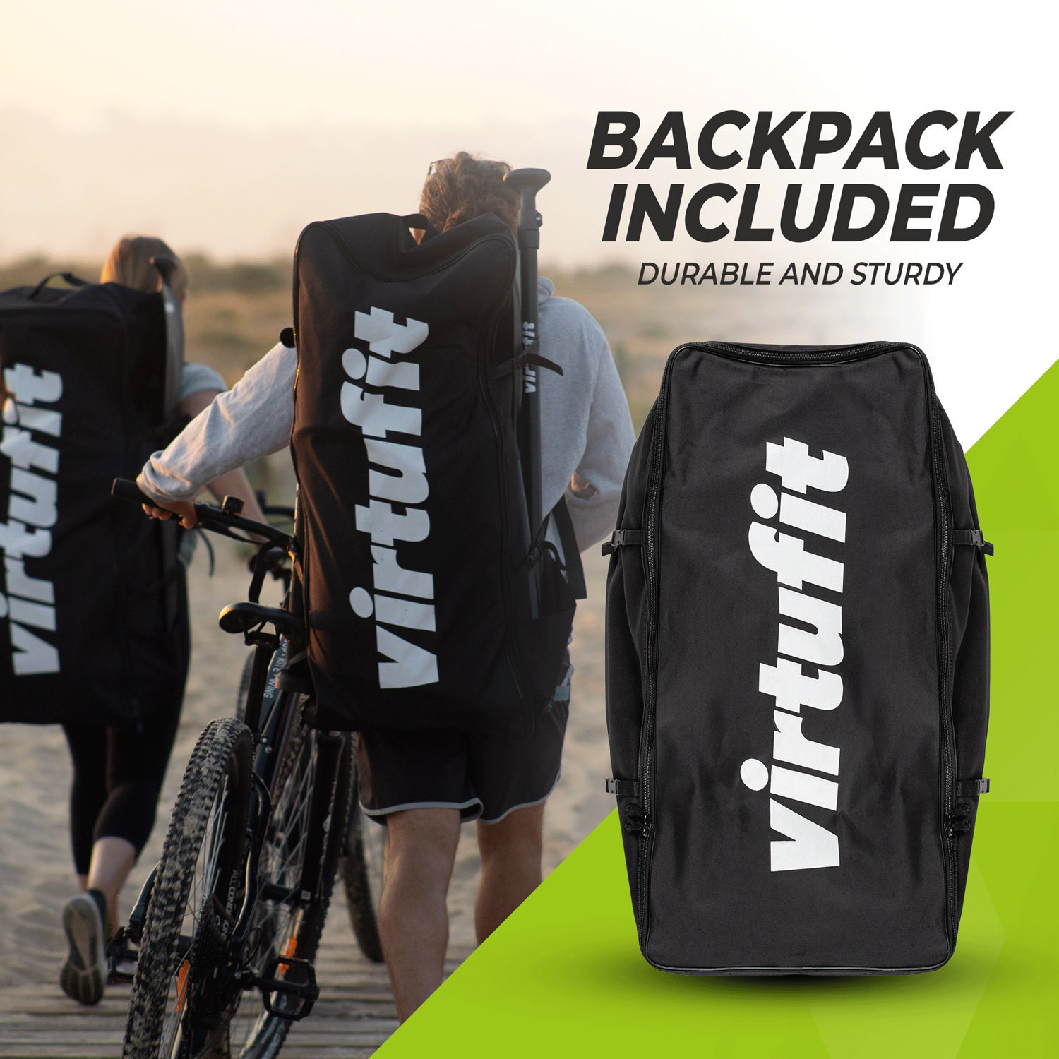 Zwei Personen tragen schwarze Virtufit-Rucksäcke am Strand mit einem Fahrrad. Text sagt: 'BACKPACK INCLUDED' und 'DURABLE AND STURDY'.