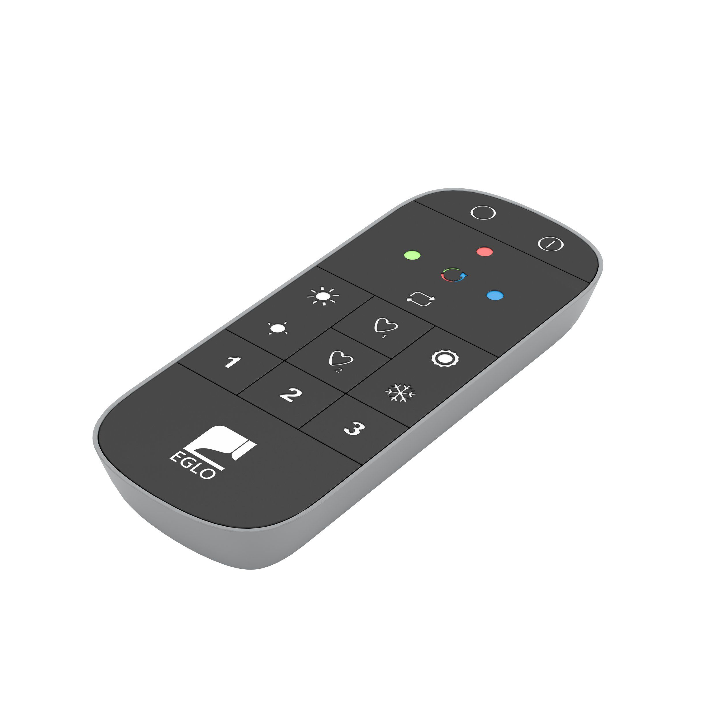 Un telecomando grigio con pulsanti e icone. Il logo EGLO è visibile.