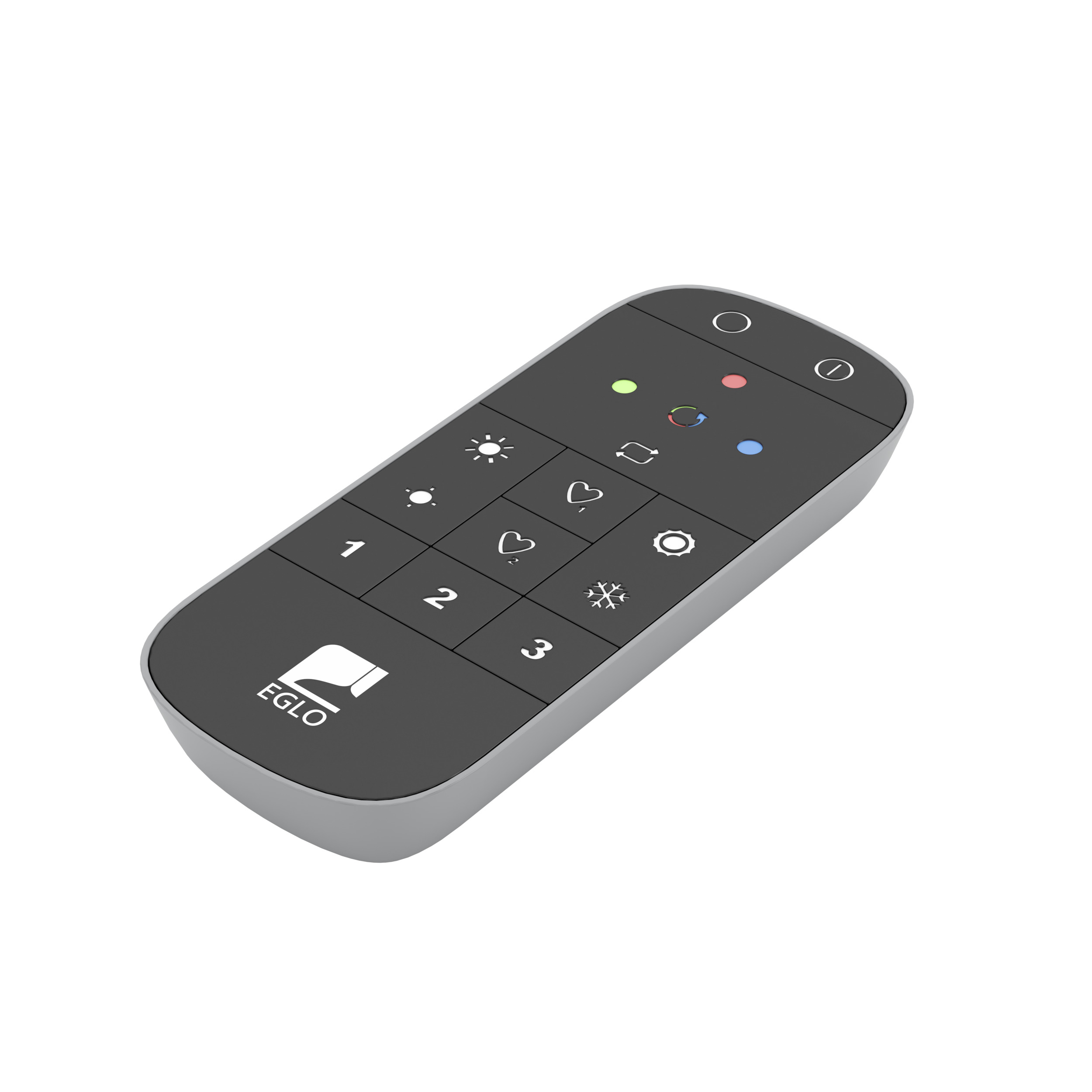 Un telecomando grigio con pulsanti e icone, tra cui un pulsante di accensione e il logo EGLO.