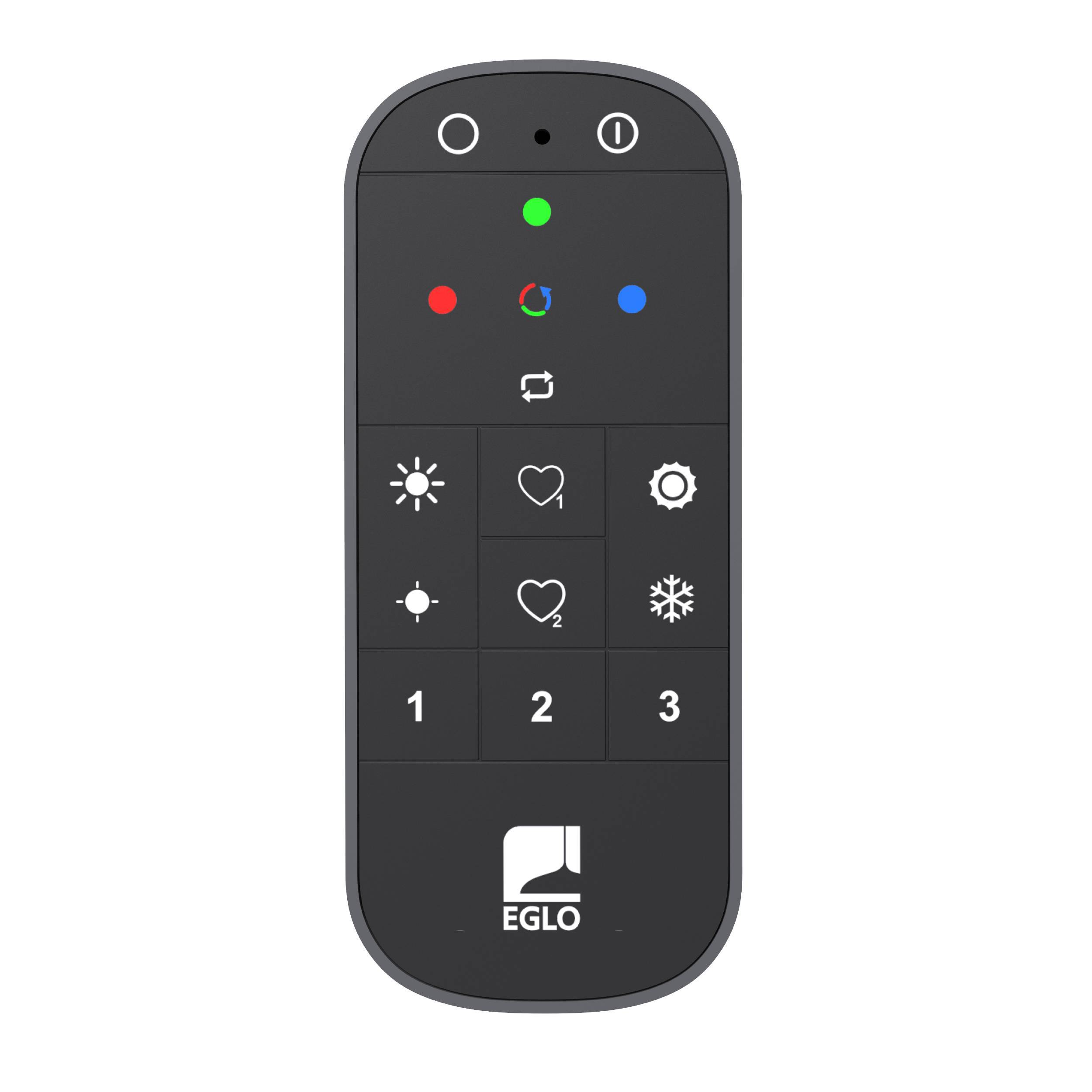 Un telecomando grigio scuro con pulsanti e icone. Include un pulsante di accensione, comandi luce e il logo EGLO.
