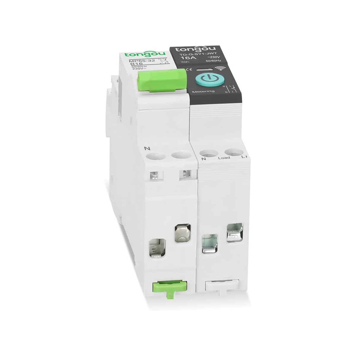 Ein weißes Elektrogerät mit grünen und schwarzen Akzenten. Es hat Knöpfe, Beschriftungen und den Markennamen 'tongou'. Wahrscheinlich ein Schutzschalter.