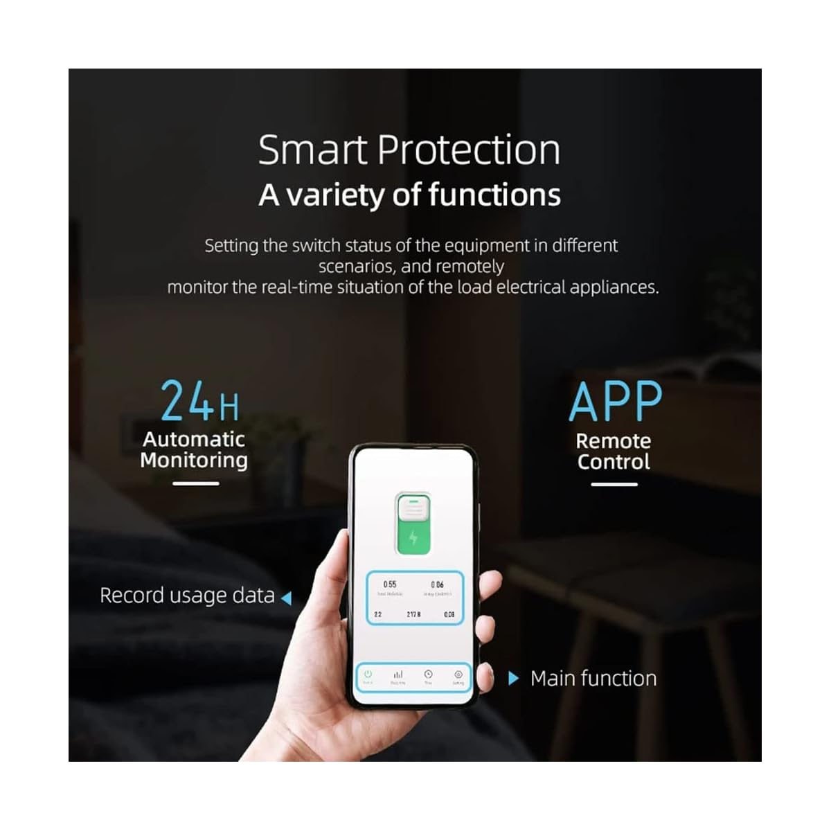 Eine Hand hält ein Telefon mit Energieverbrauchsdaten. Auf dem Telefon steht 'Smart Protection' und 'APP Fernbedienung'.