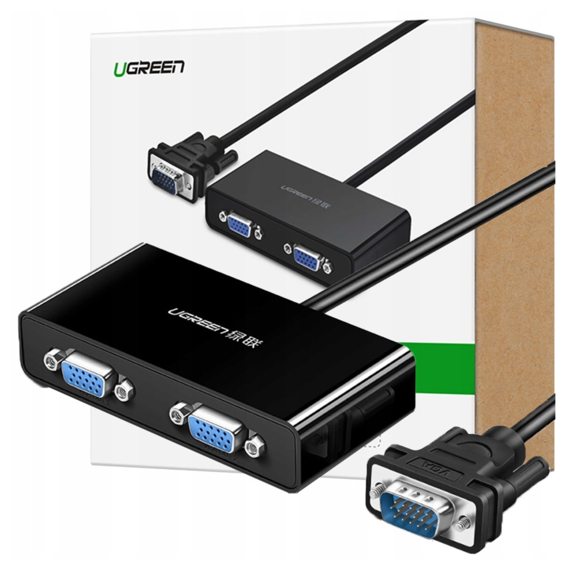 Obraz przedstawia czarny rozdzielacz VGA UGREEN. Widoczne są pudełka, kable i złącza. Tło jest białe i brązowe.