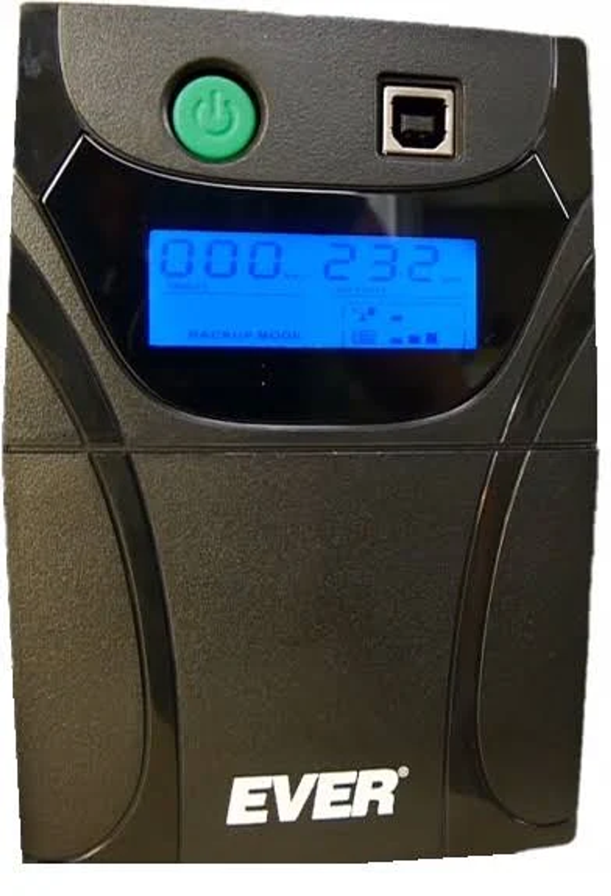 Czarny zasilacz UPS z zielonym przyciskiem zasilania, portem USB i niebieskim wyświetlaczem. Marka EVER.