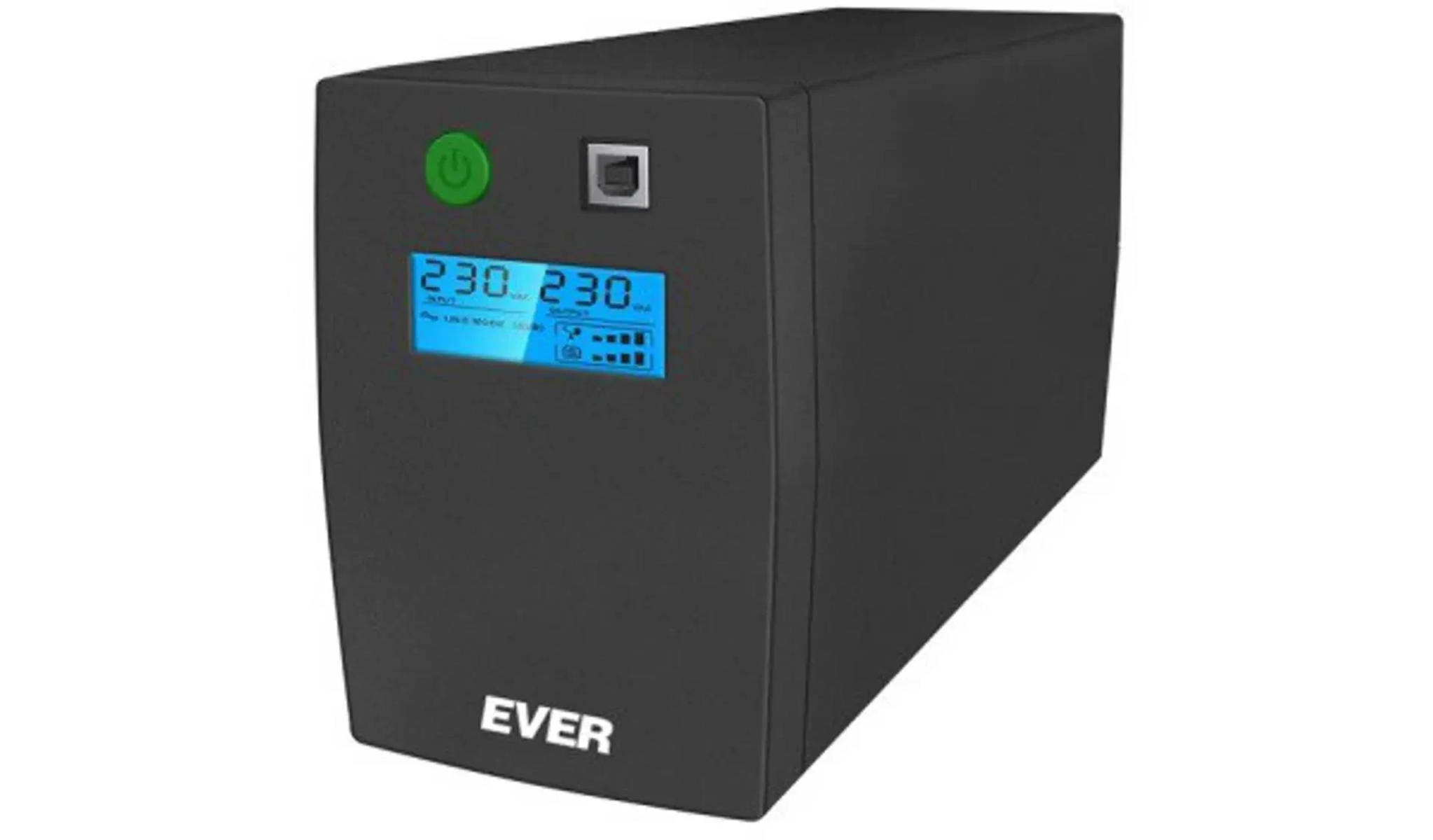 Czarny UPS z zielonym przyciskiem zasilania, niebieskim ekranem i marką 'EVER'.