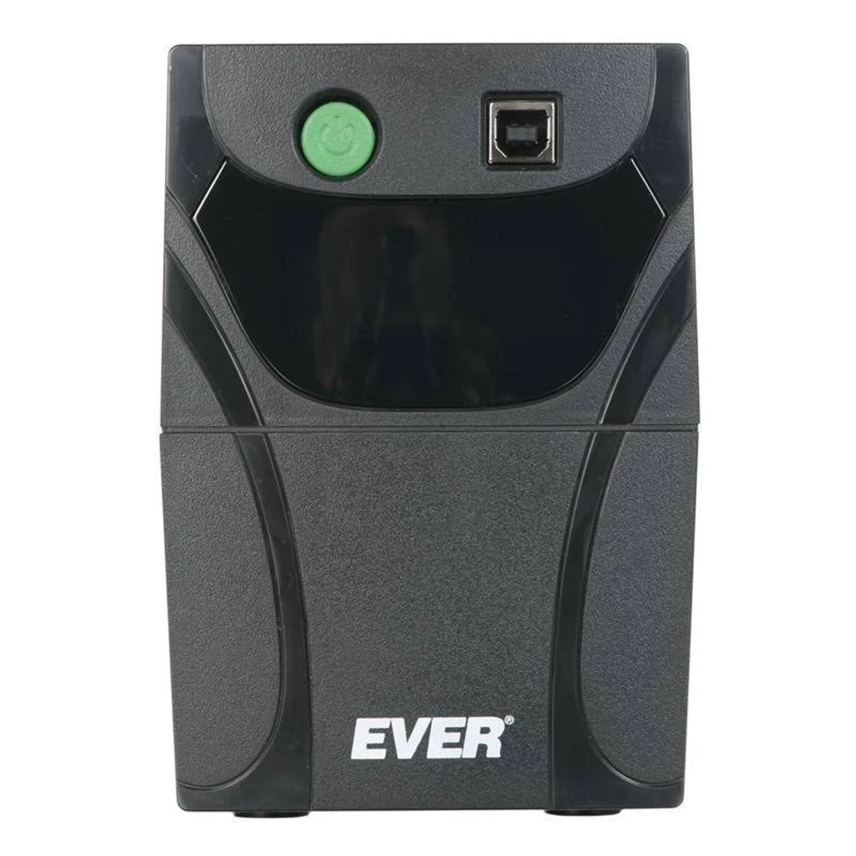 Szare urządzenie UPS z zielonym przyciskiem zasilania, portem USB i logo "EVER".