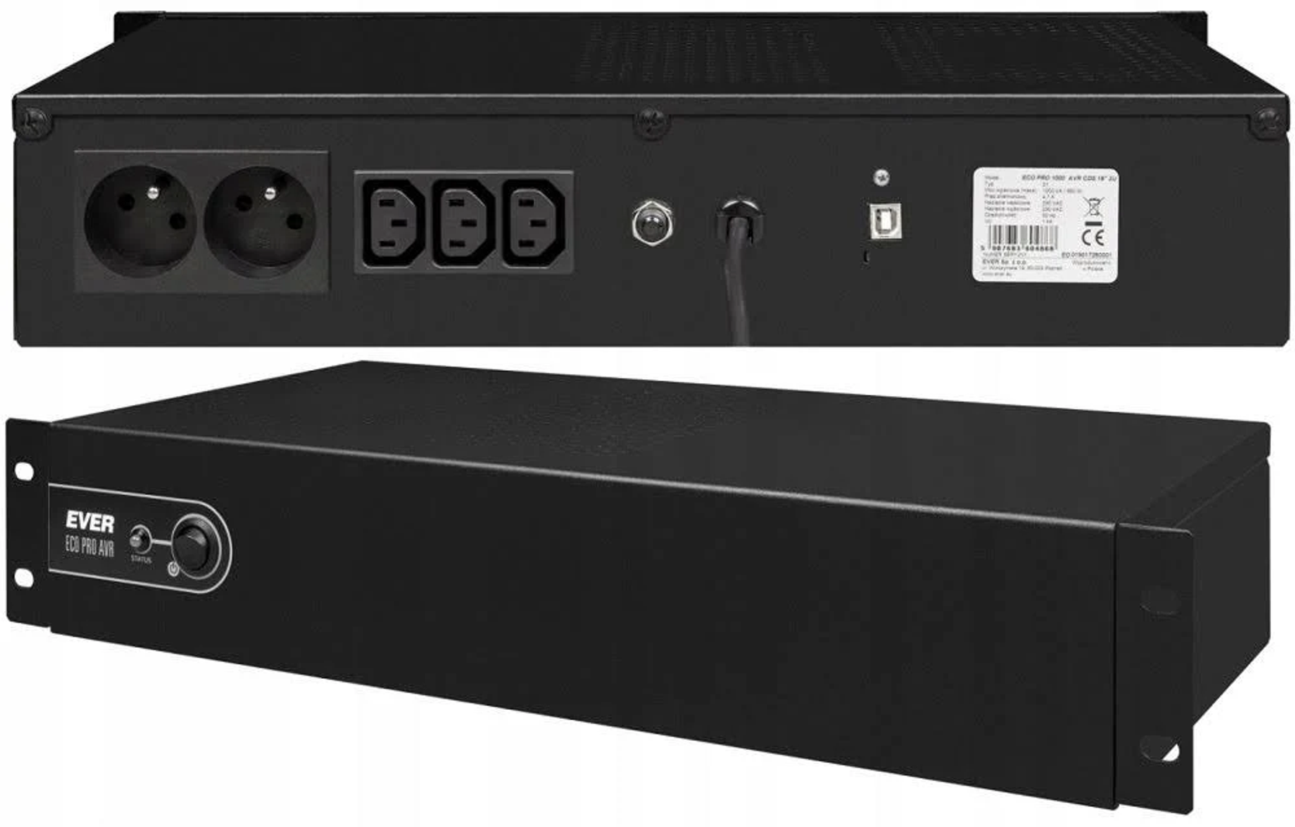 Schwarzes elektronisches Gerät mit verschiedenen Steckdosen und einem Power-Button. Der obere Teil hat Steckdosen und Anschlüsse.