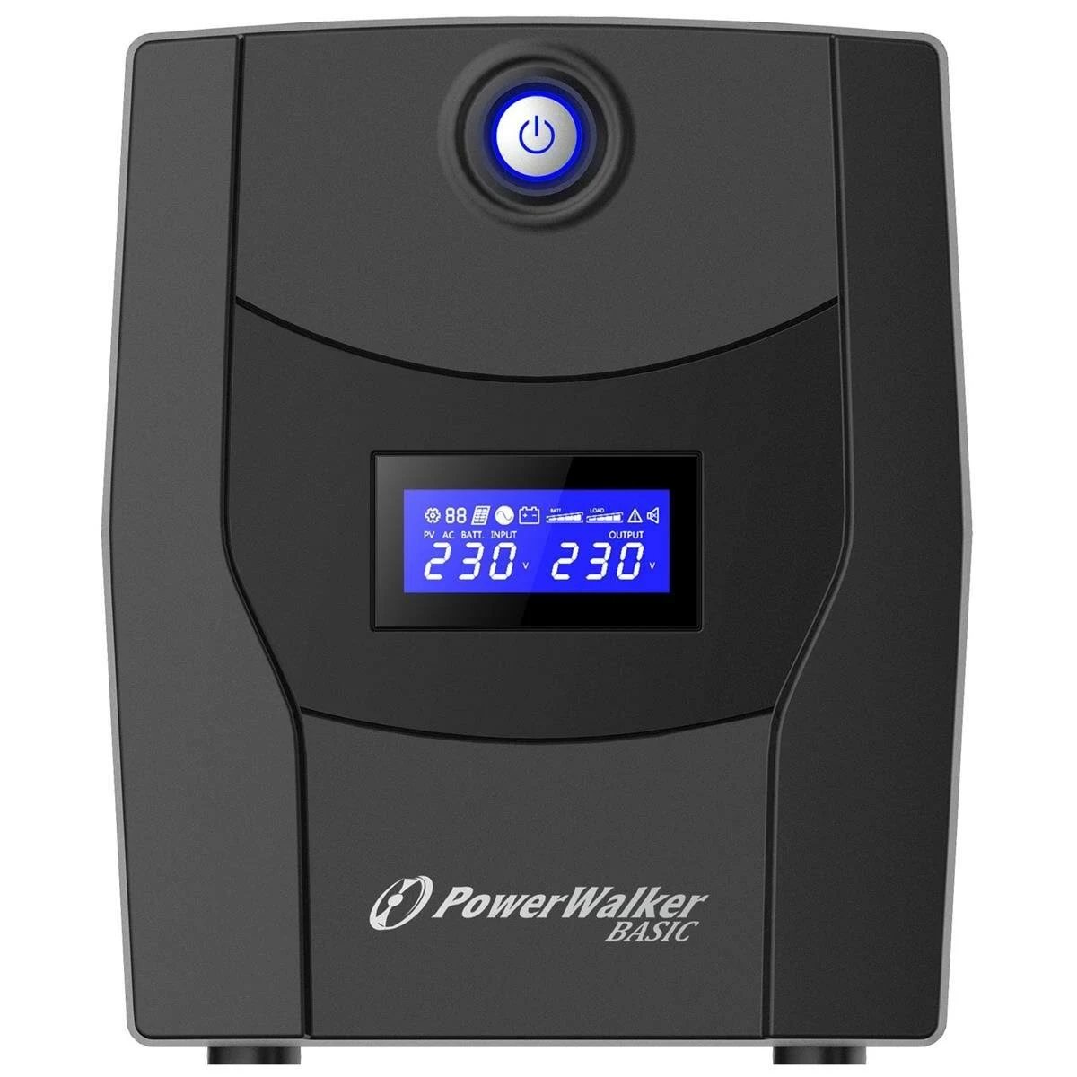 Eine schwarze PowerWalker USV mit blauem Display, das die Spannung anzeigt. Oben befindet sich ein Ein-/Ausschalter. Unten ist das Logo.