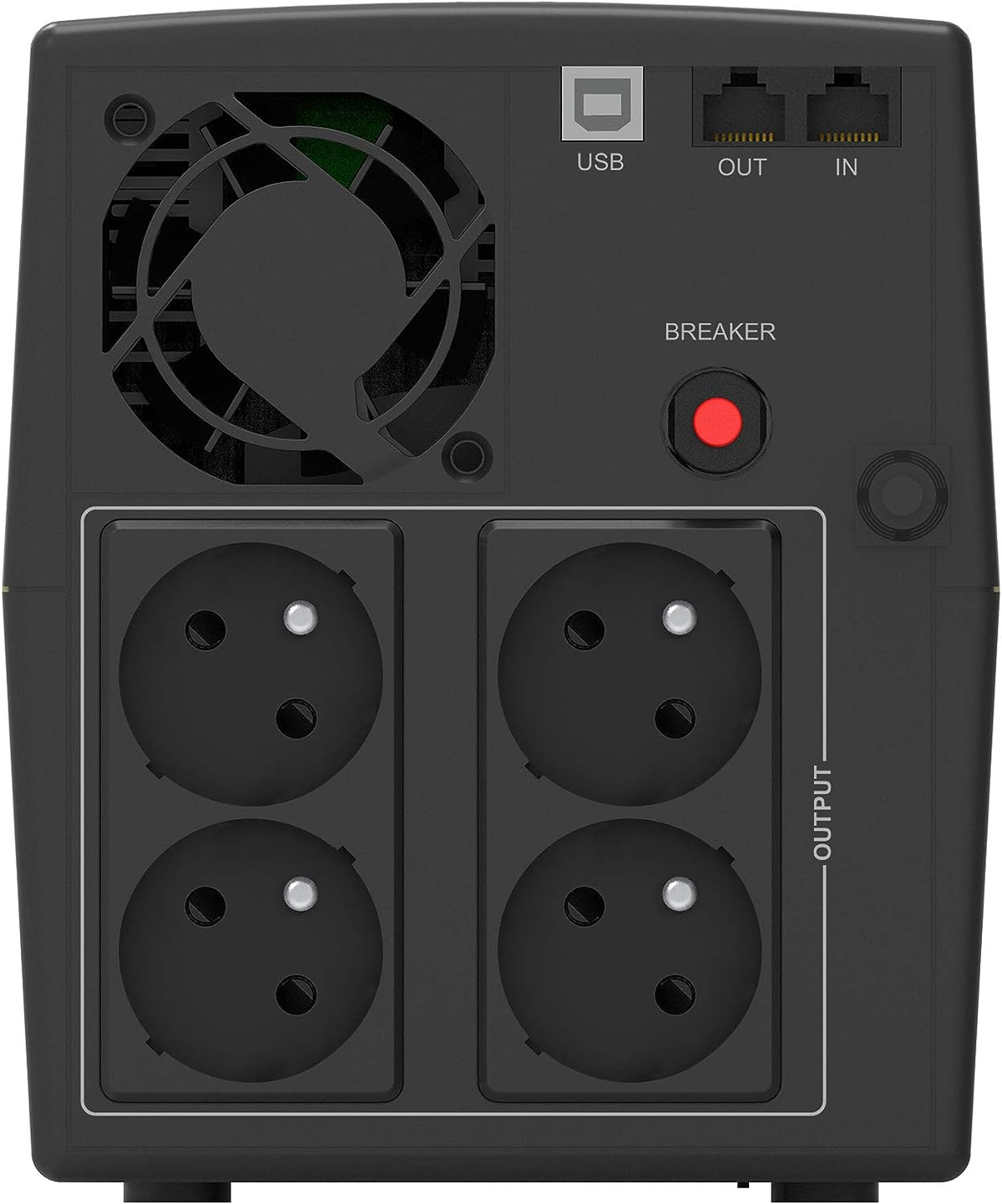Schwarze USV-Stromversorgung mit Steckdosen, USB- und Netzwerkanschlüssen. Mit Sicherungstaste und Lüfter.