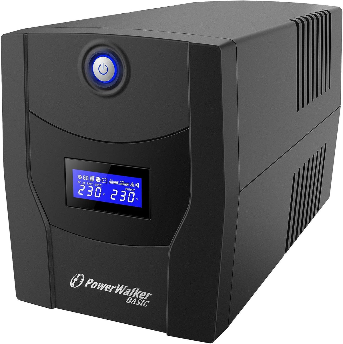 Eine schwarze PowerWalker USV. Sie hat ein Display mit Spannung und einen Power-Knopf. Das Logo ist sichtbar.