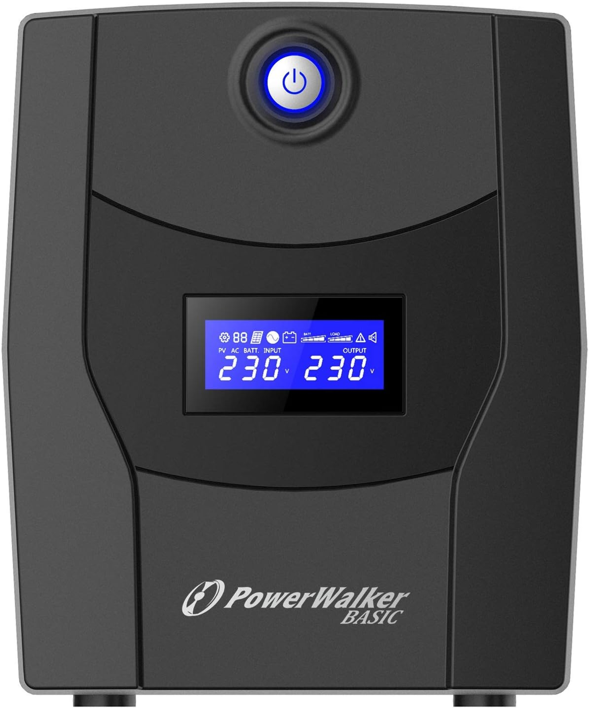Eine schwarze PowerWalker USV mit blau beleuchtetem Einschaltknopf und LCD-Bildschirm mit Spannungswerten.