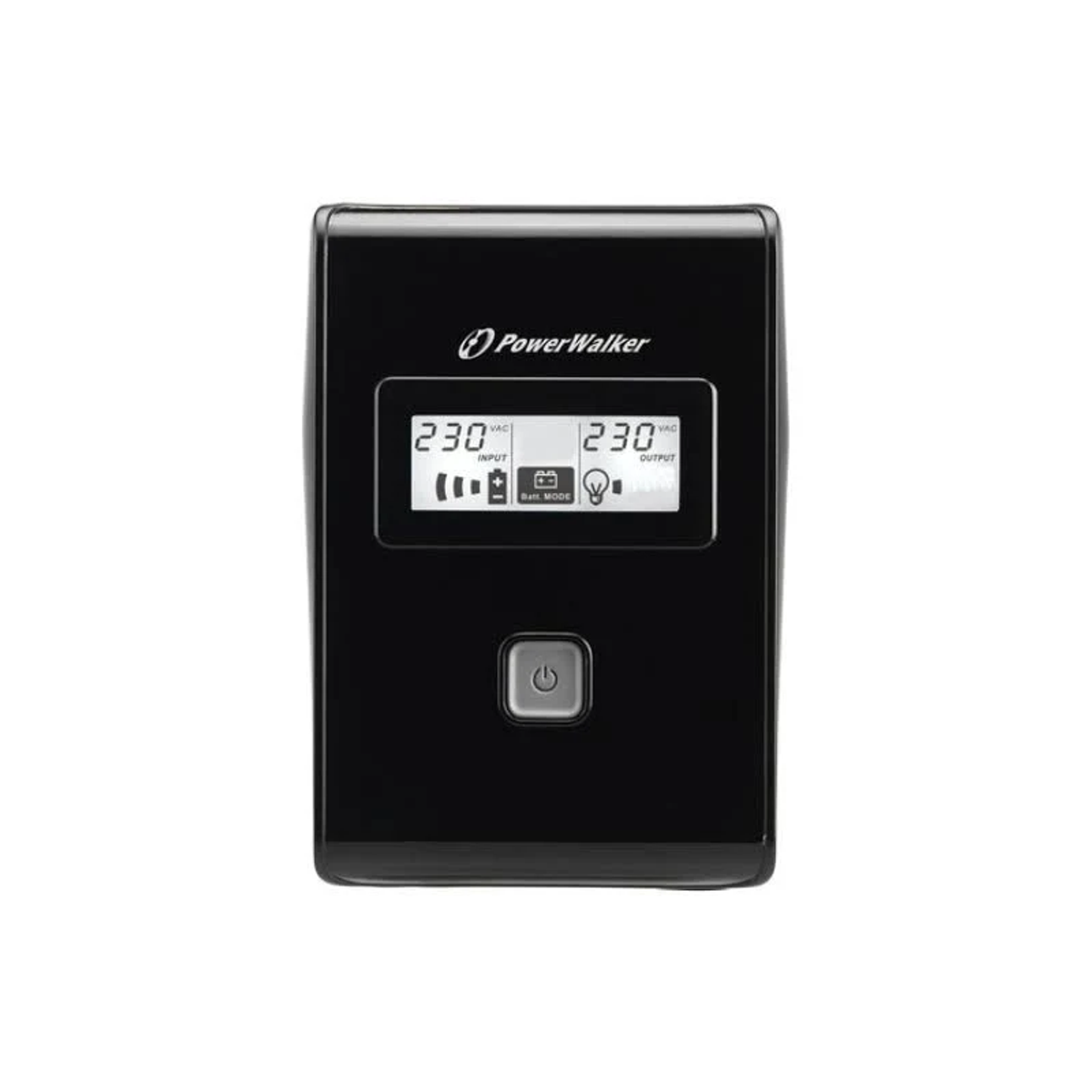 Ein schwarzes PowerWalker USV. Es hat ein Display mit 230V Eingang und Ausgang und einen Power-Button.