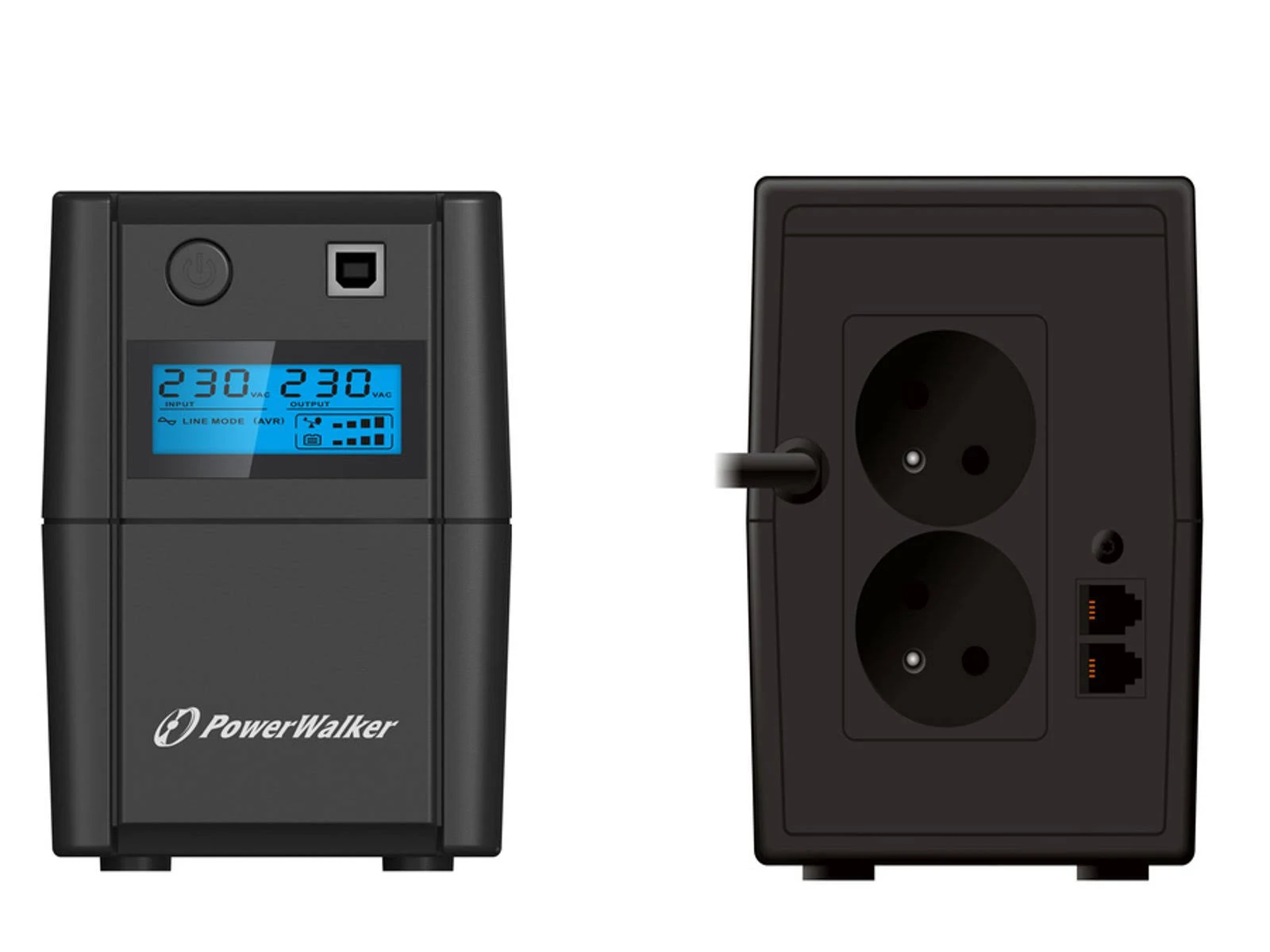 Schwarze USV mit Frontdisplay, das die Spannung anzeigt, und Rückseite mit Steckdosen. PowerWalker-Logo sichtbar.