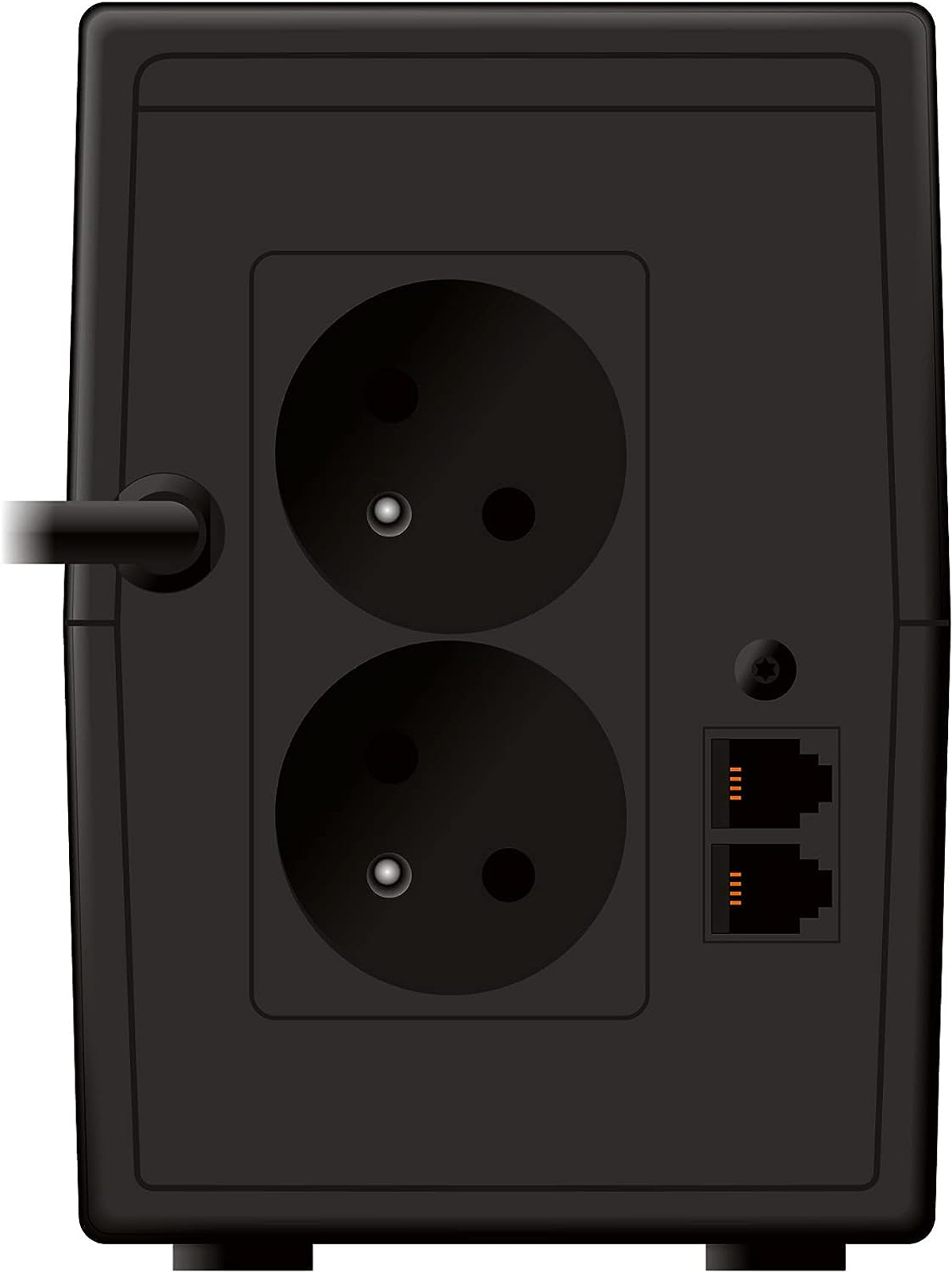 Schwarzes Netzteil mit zwei Steckdosen, zwei RJ45-Anschlüssen und einem Netzkabel.