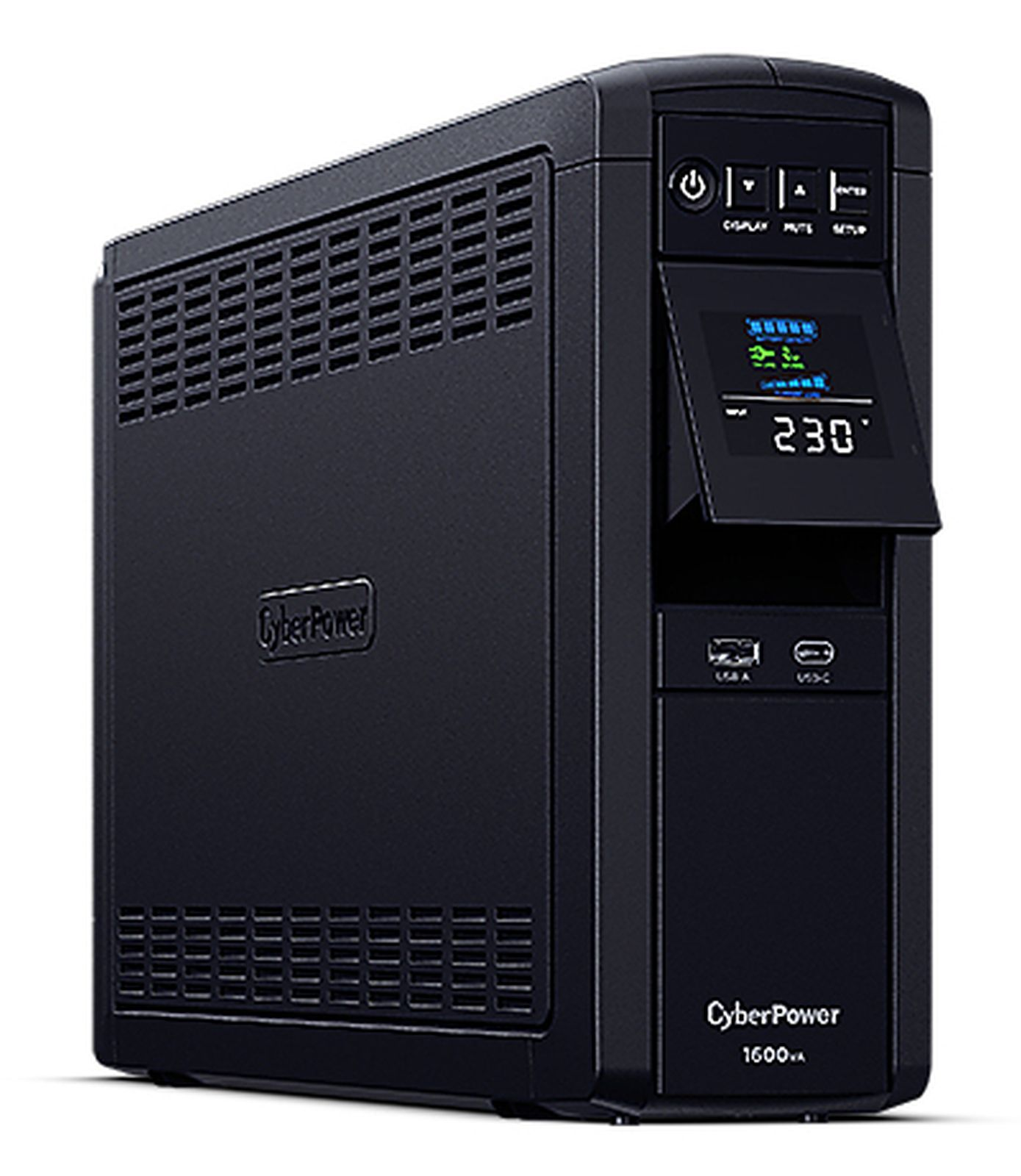 Schwarzes CyberPower USV-Gerät. Es hat einen Bildschirm mit der Anzeige '230' und anderen Daten. Power- und Setup-Tasten sind oben.