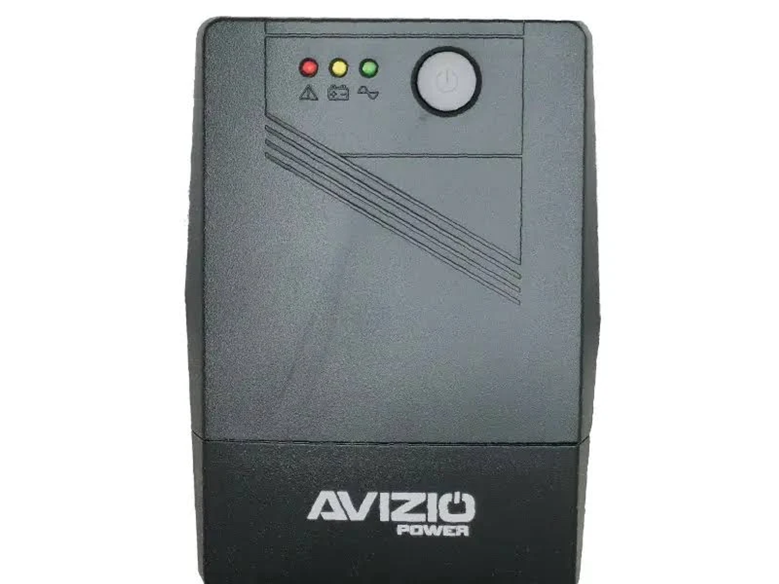 Schwarze USV mit Ein-/Ausschalter, Kontrollleuchten und der Aufschrift 'AVIZIO POWER'. Oben leuchten rote, gelbe und grüne Lichter.