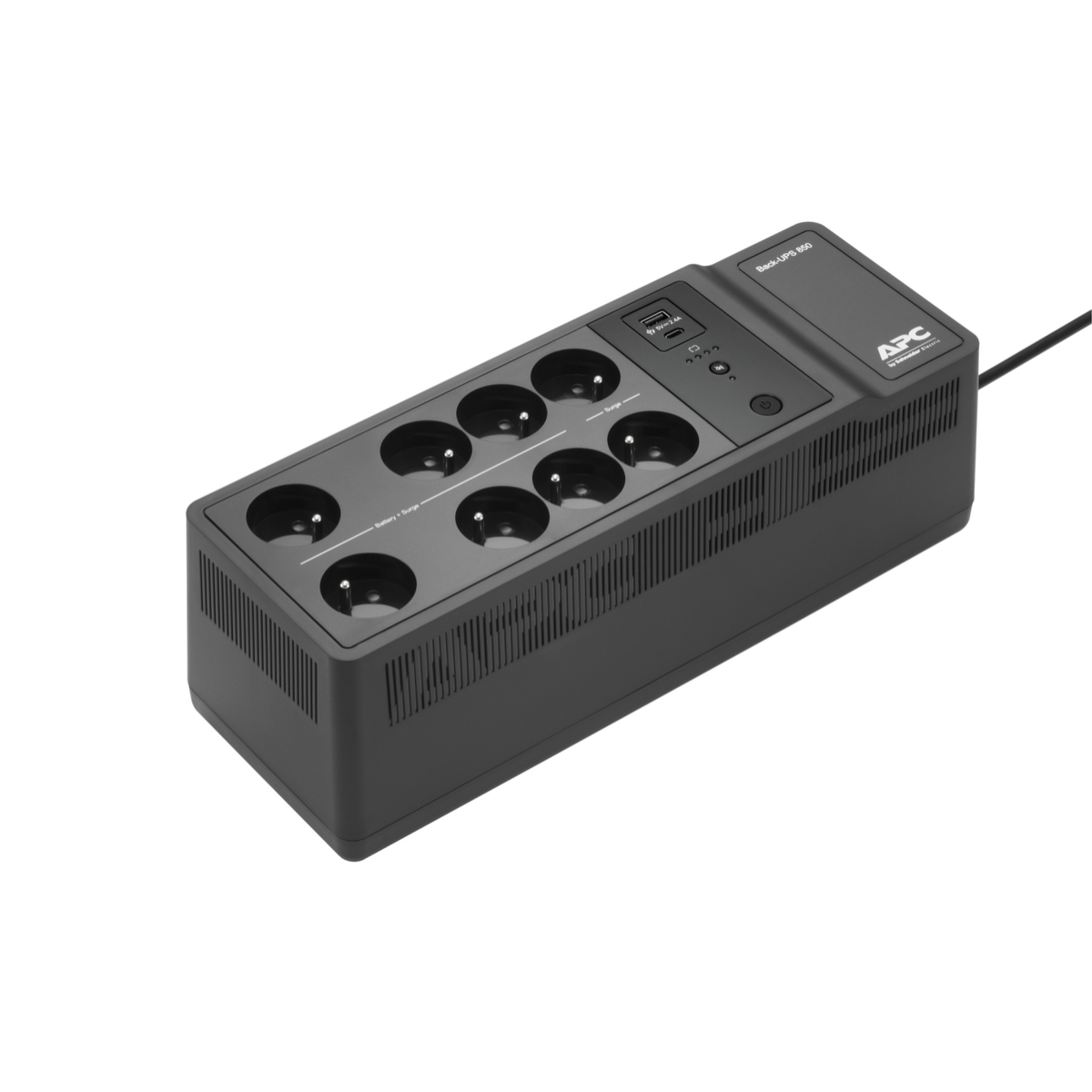 Una multipresa nera APC Back-UPS 850 con più prese e una porta USB, isolata su sfondo bianco.