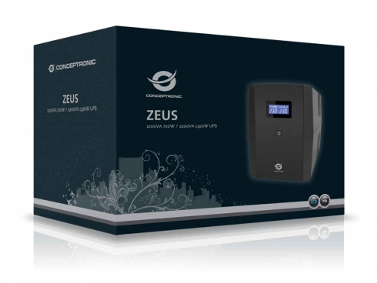 Dunkle Schachtel mit dem Namen ZEUS. Zeigt ein USV-Gerät. Der Bildschirm zeigt 230/230. Der Markenname ist CONCEPTRONIC.