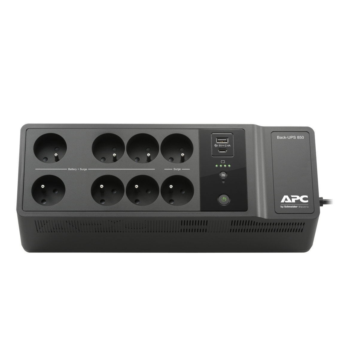 Una multipresa nera APC Back-UPS 850 con otto prese, porte USB e un pulsante di accensione. Il logo APC è visibile.