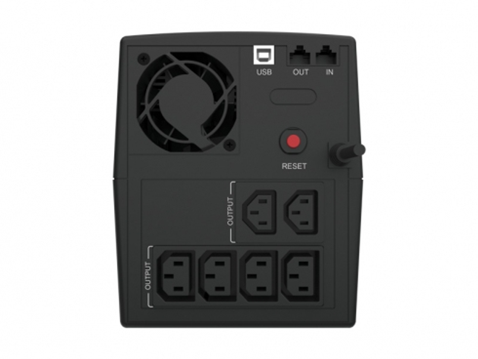 Rückansicht einer schwarzen USV mit USB, Anschlüssen, Reset-Taste und mehreren 'Output'-Steckdosen.