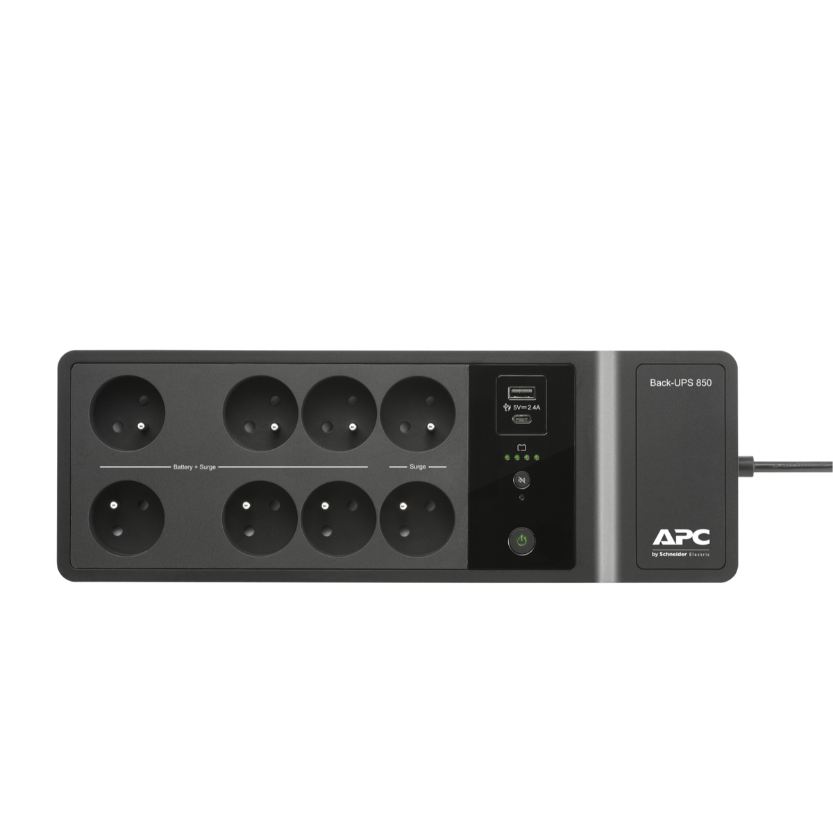 Una multipresa nera APC Back-UPS 850 con più prese, porte USB e spie luminose. Un cavo di alimentazione si estende da destra.