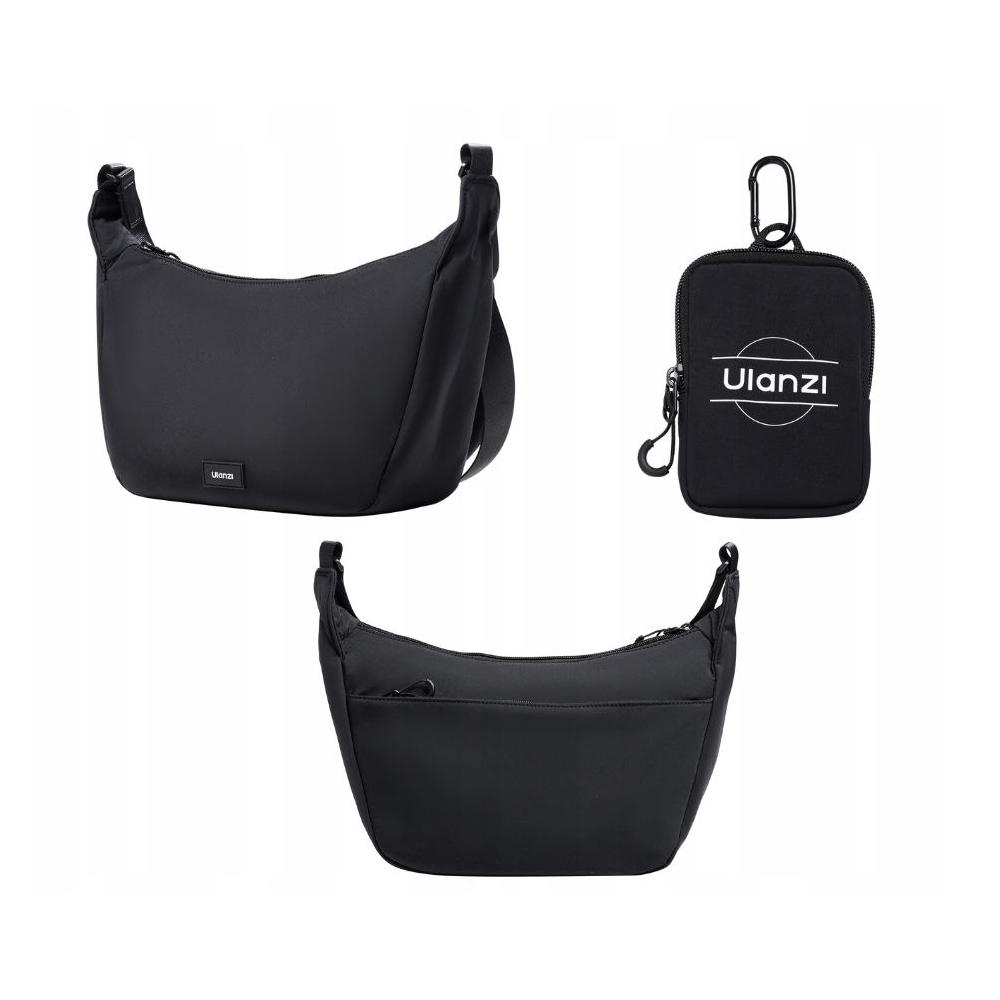 Wyświetlane są trzy czarne torby Ulanzi. Jedna to torba na ramię, druga mała saszetka z karabińczykiem, a trzecia to torebka.