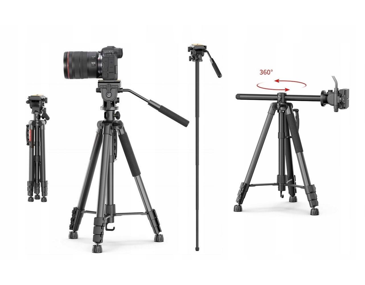 Statyw do aparatu z zamontowanym aparatem i trzema innymi widokami statywu. Statyw jest czarny i srebrny.
